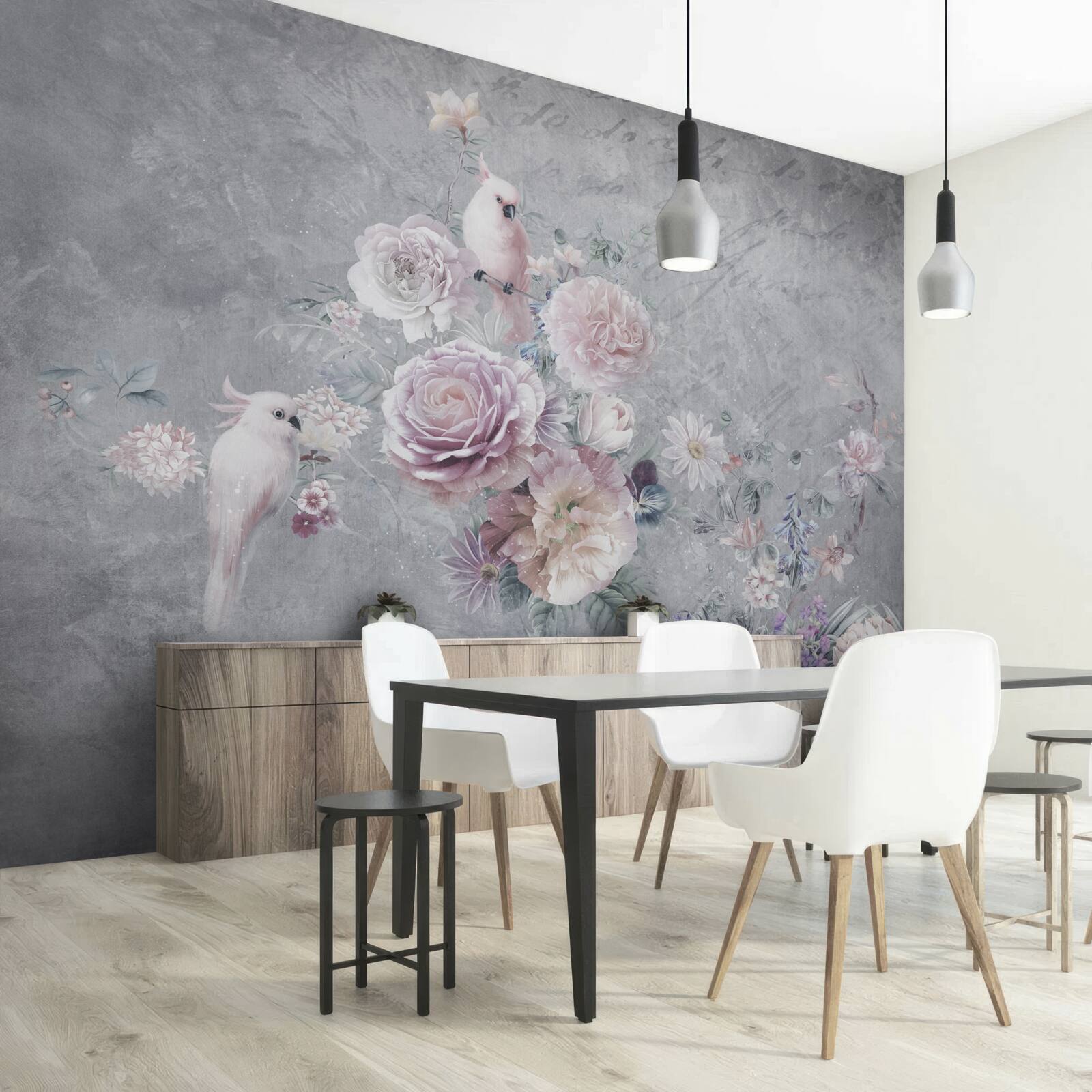 Fototapeta kytica doplnená kompozíciami s papagájmi