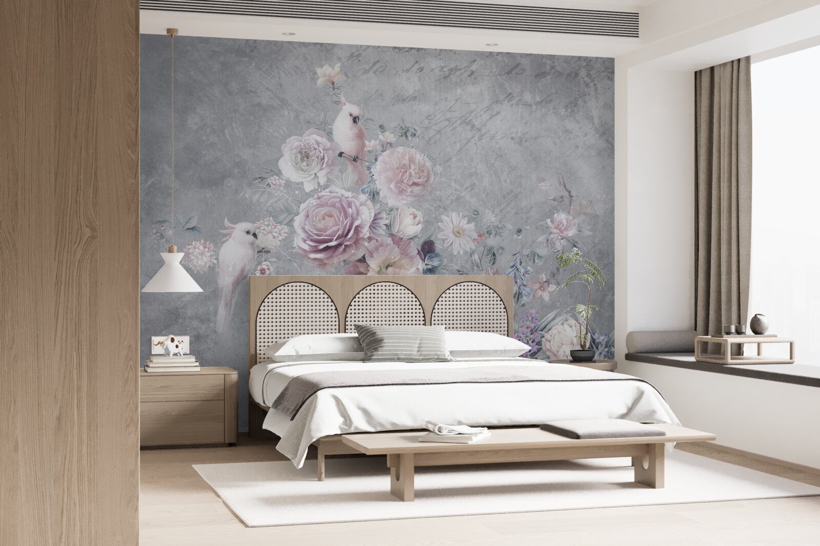 Fototapeta kytica doplnená kompozíciami s papagájmi