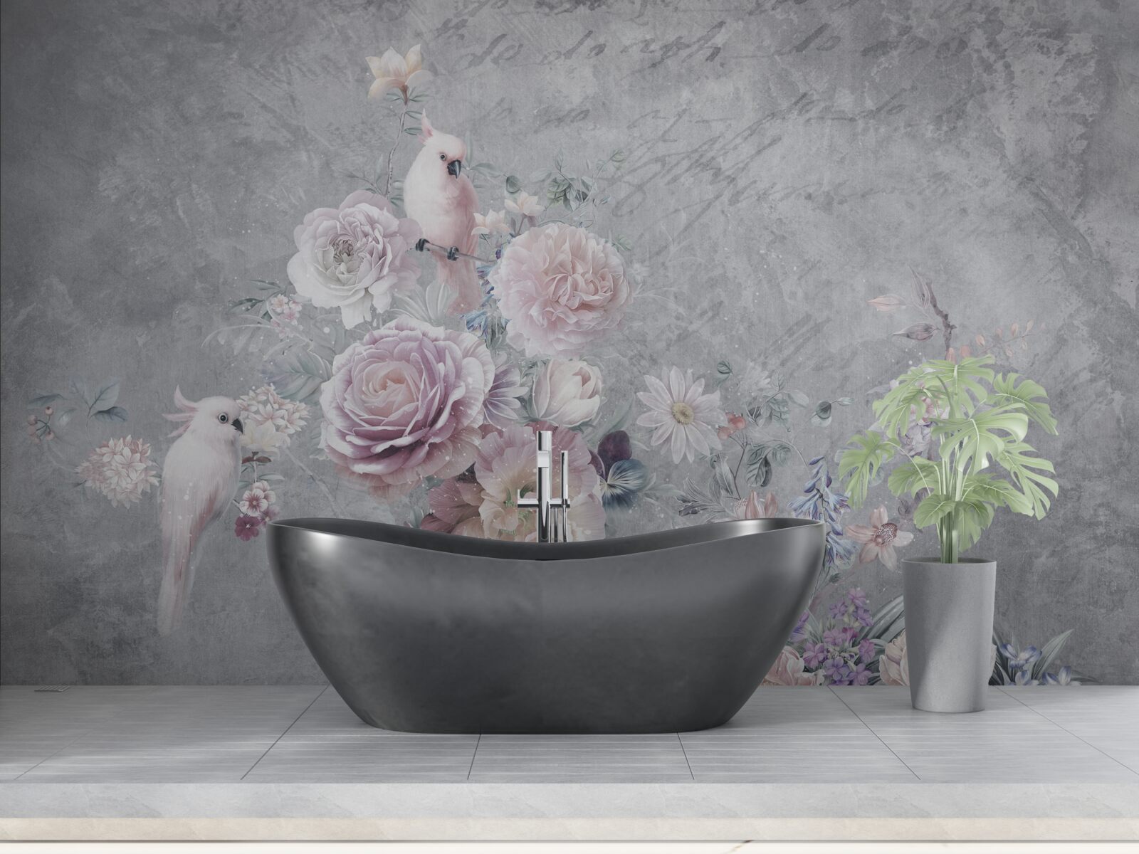 Fototapeta kytica doplnená kompozíciami s papagájmi