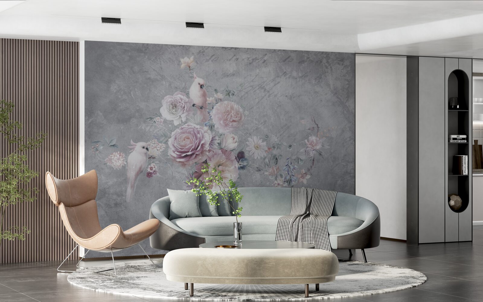 Fototapeta kytica doplnená kompozíciami s papagájmi