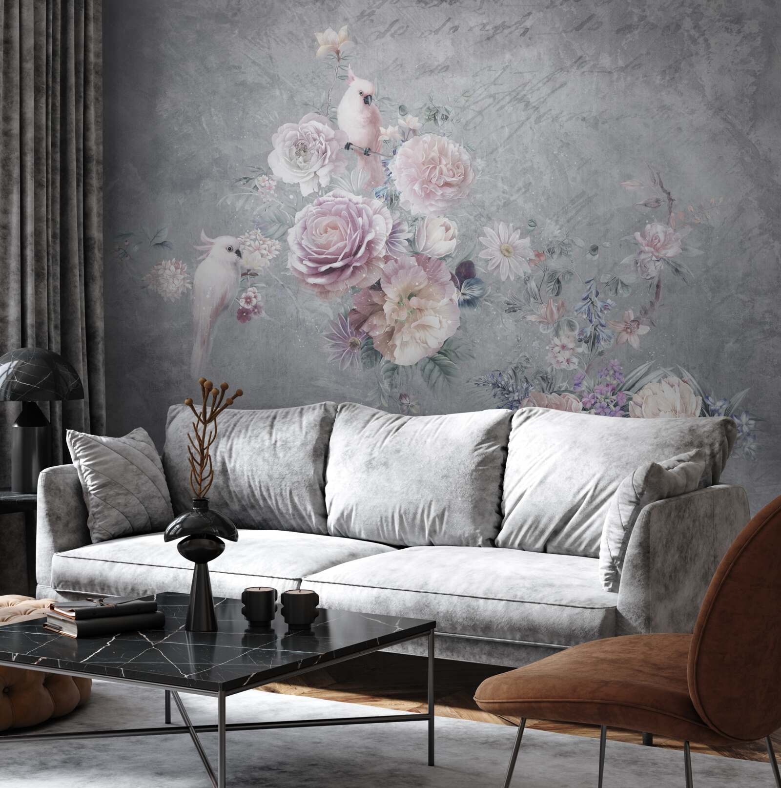 Fototapeta kytica doplnená kompozíciami s papagájmi