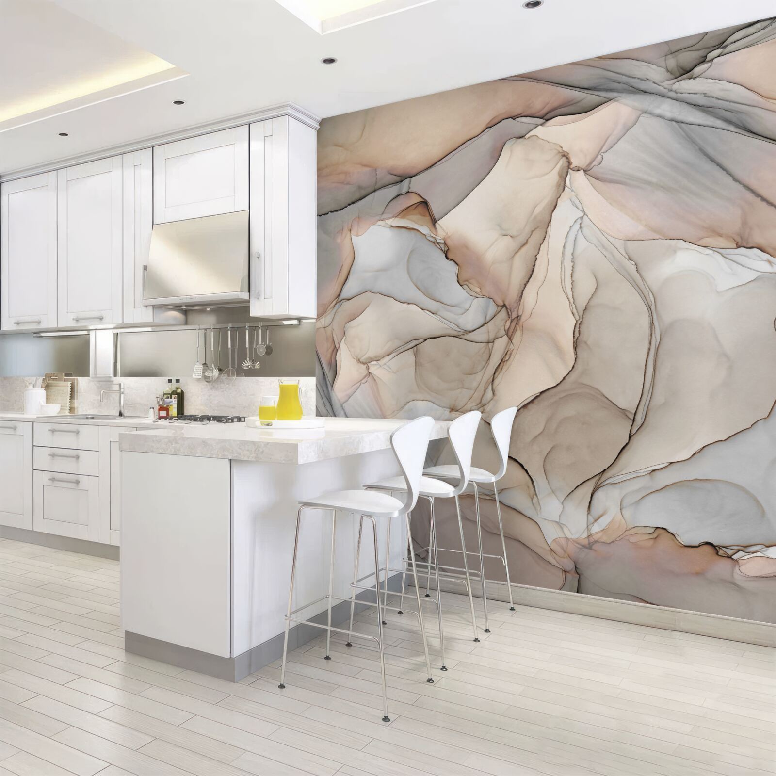 Fototapeta ružové a modré vzory na krémovom mramore