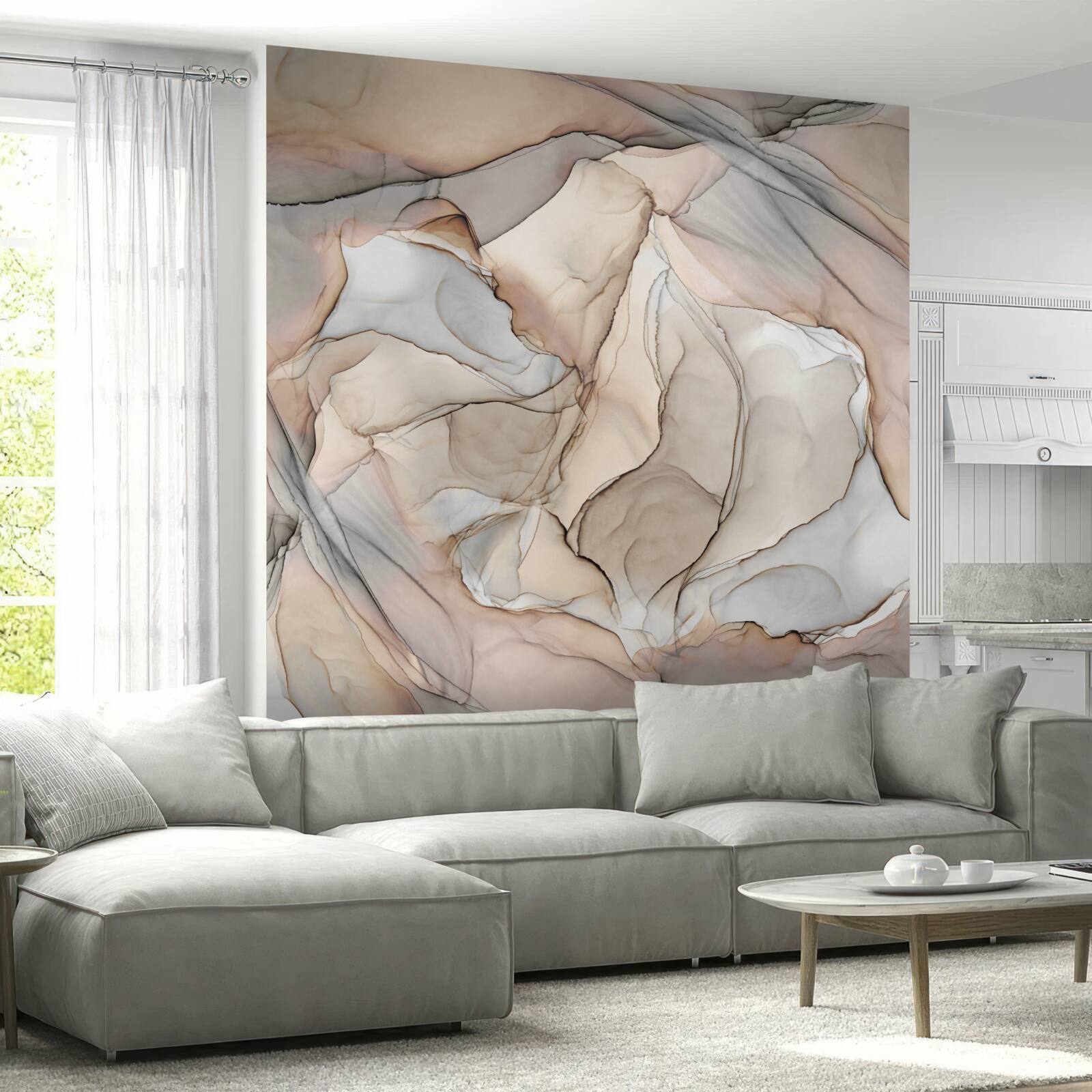 Fototapeta ružové a modré vzory na krémovom mramore