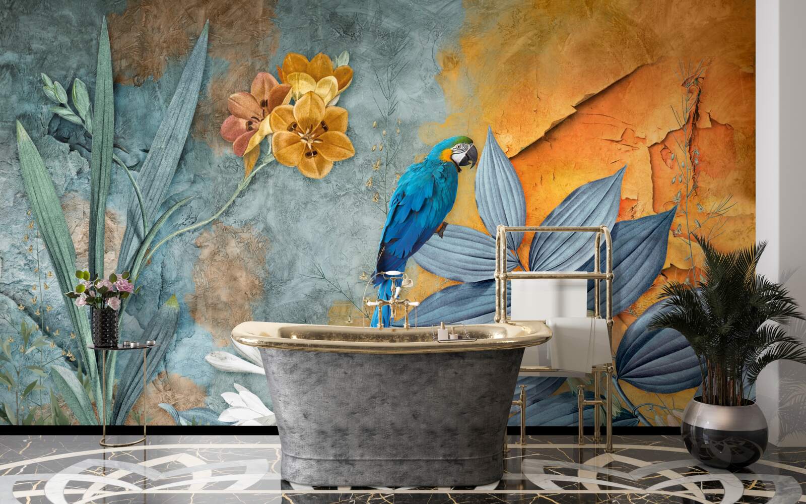 Fototapeta abstraktný obraz papagája medzi listami