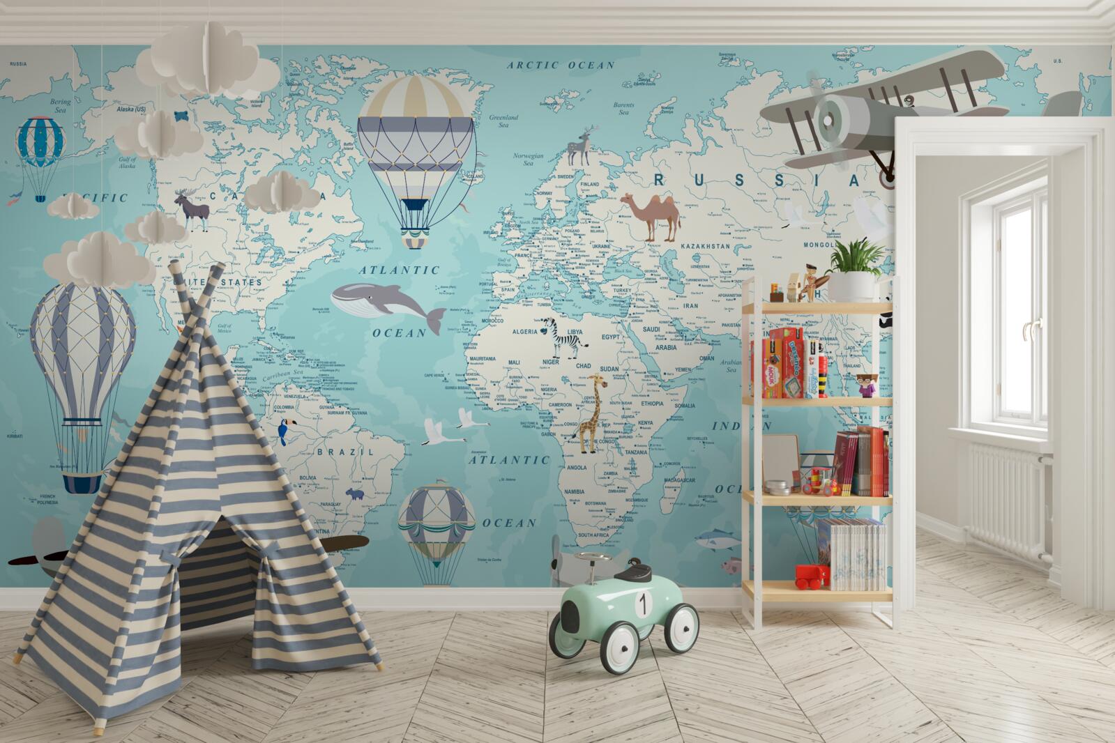 Fototapeta mapa sveta v odtieňoch modrej pre chlapca
