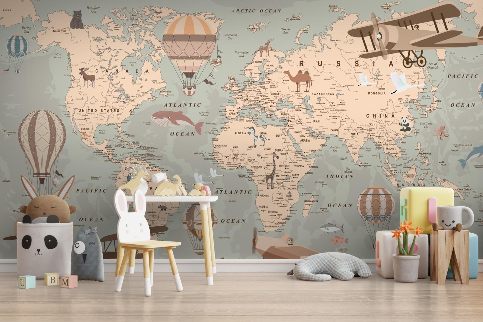 Fototapeta mapa sveta s obrázkami zvierat a dopravy