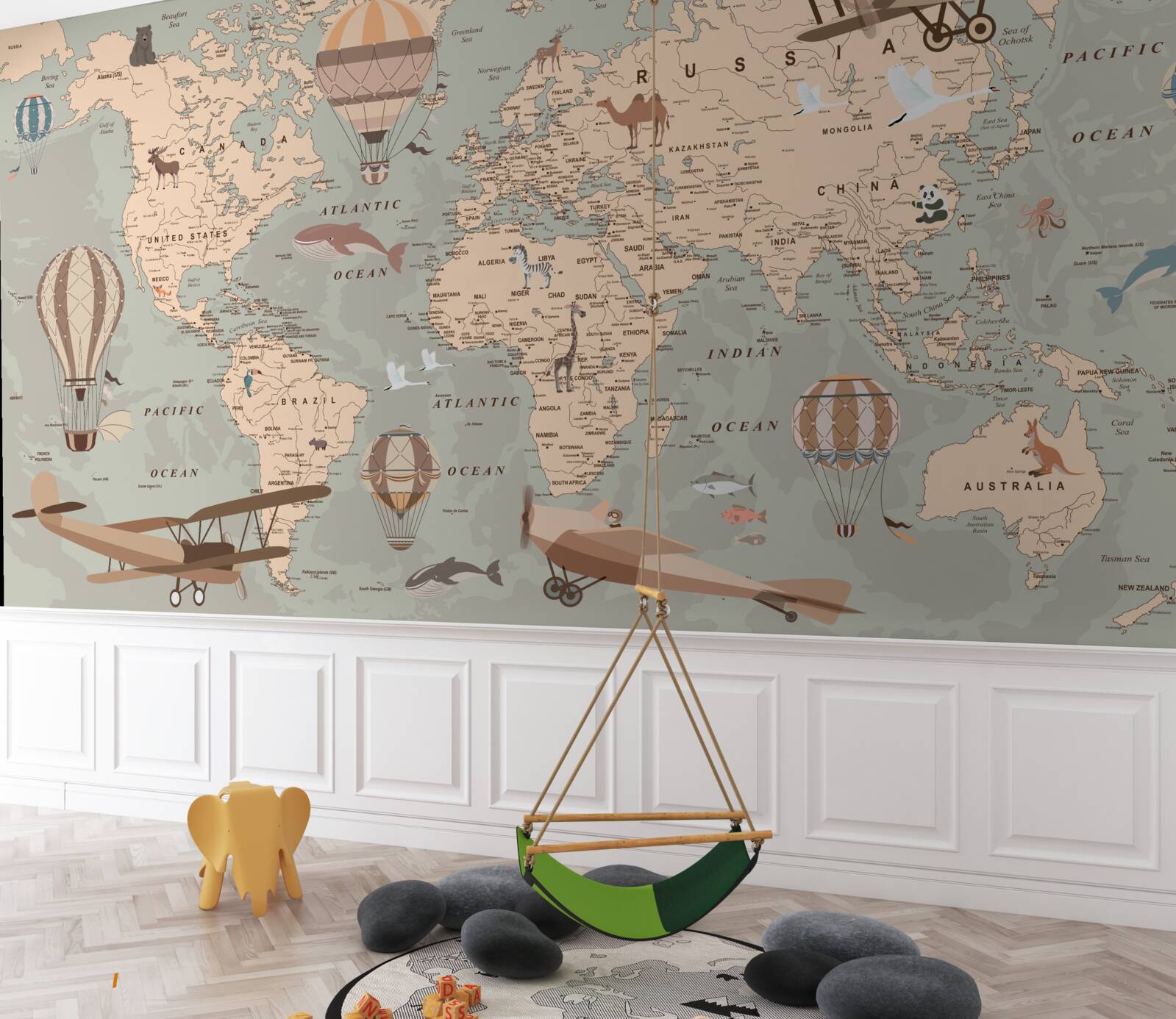 Fototapeta mapa sveta s obrázkami zvierat a dopravy