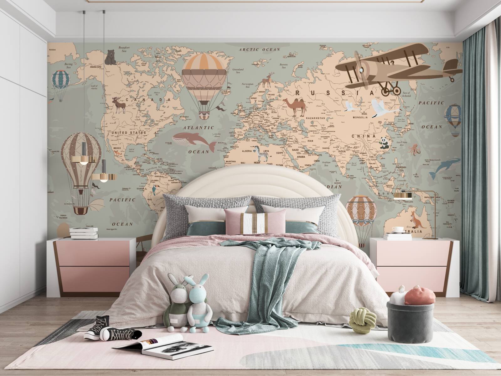 Fototapeta mapa sveta s obrázkami zvierat a dopravy