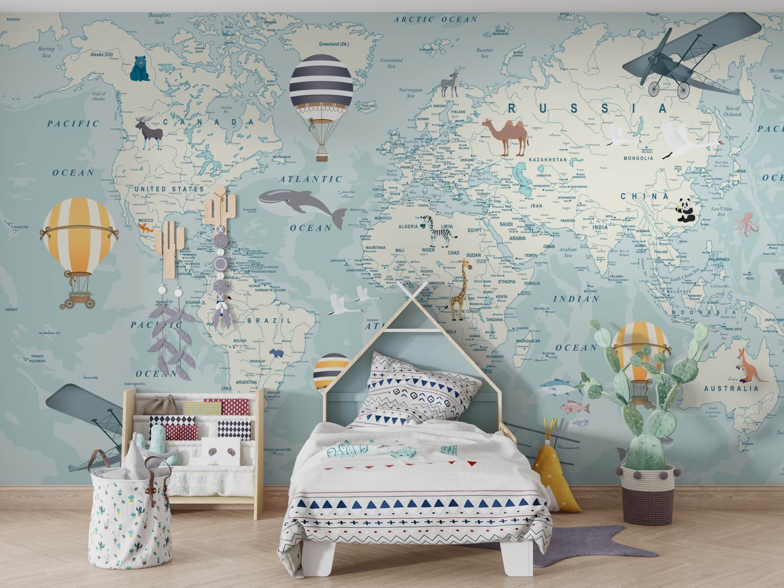 Fototapeta mapa sveta zobrazujúca dopravu a zvieratá