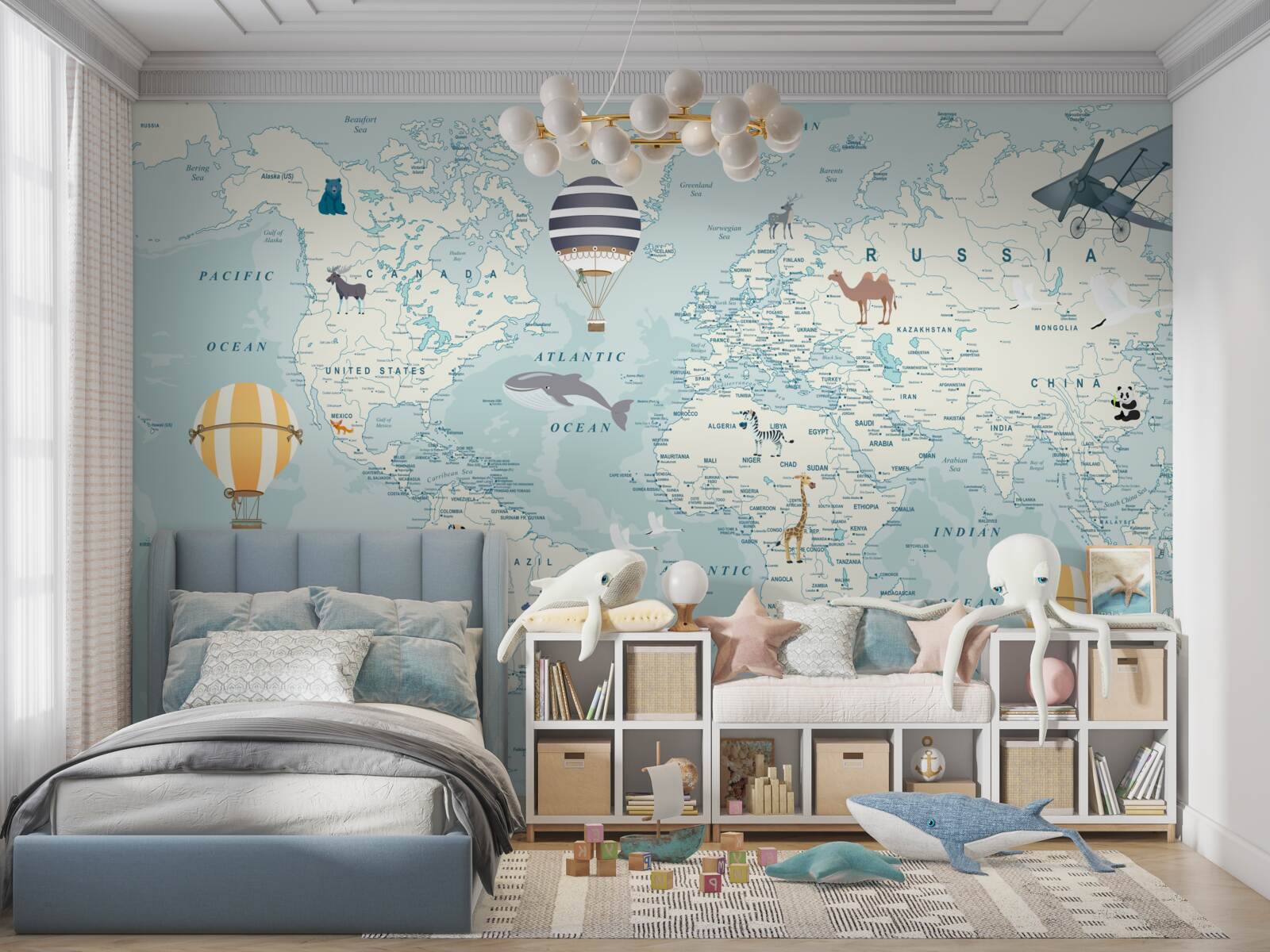 Fototapeta mapa sveta zobrazujúca dopravu a zvieratá