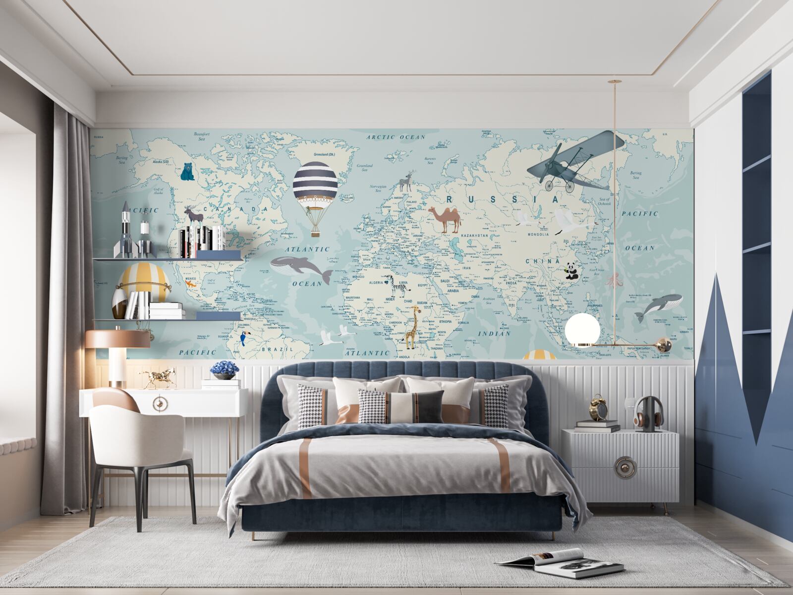 Fototapeta mapa sveta zobrazujúca dopravu a zvieratá