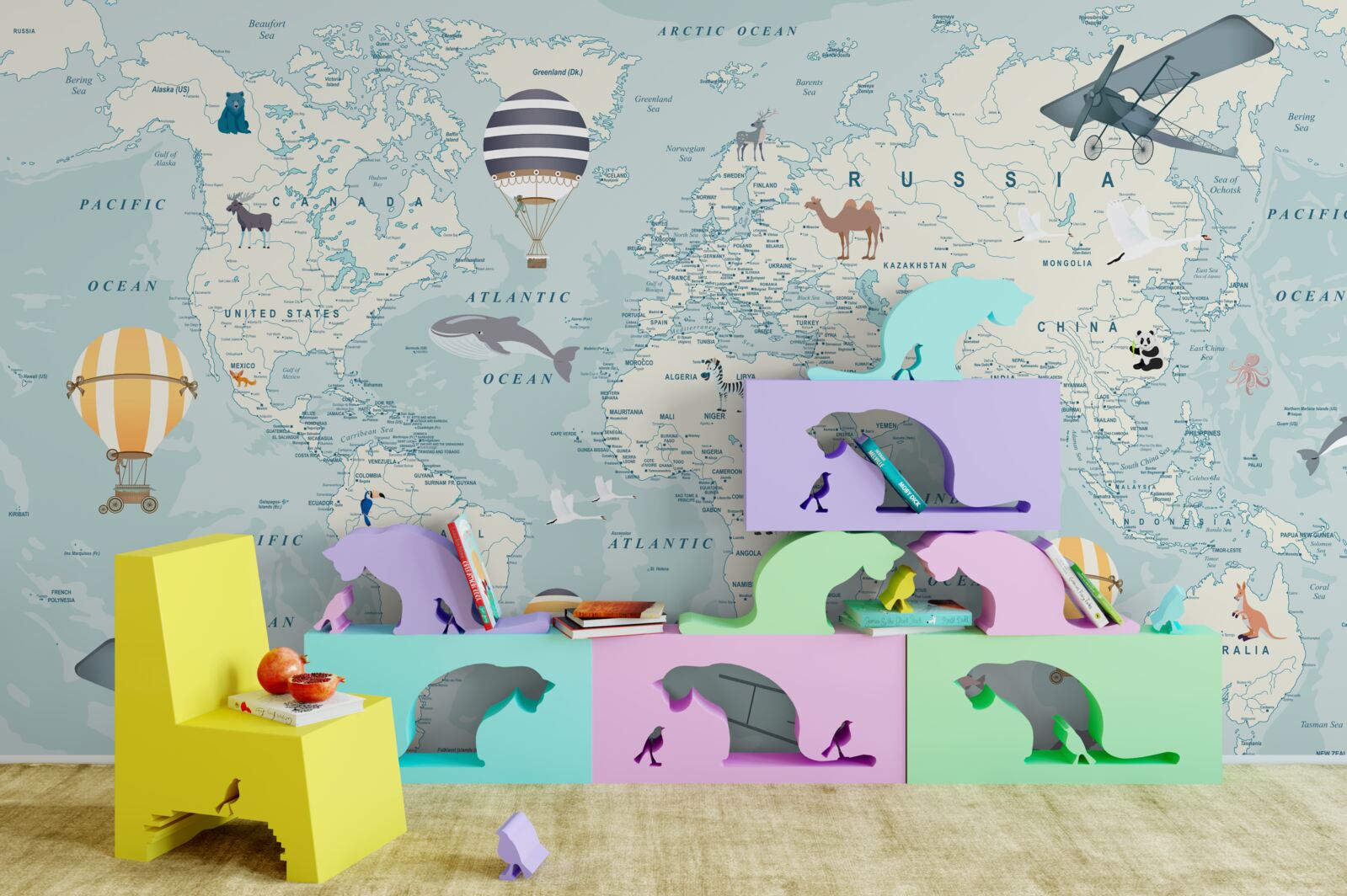 Fototapeta mapa sveta zobrazujúca dopravu a zvieratá