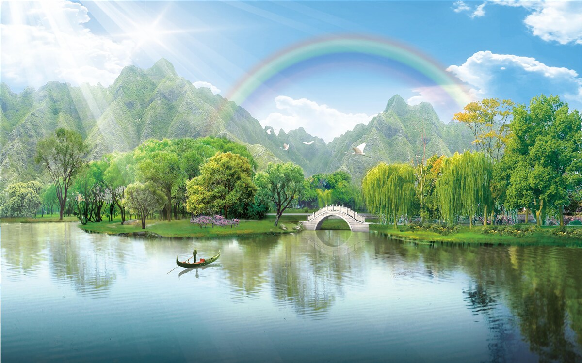 Fototapeta Japonské horské jazero s dúhou nad ním