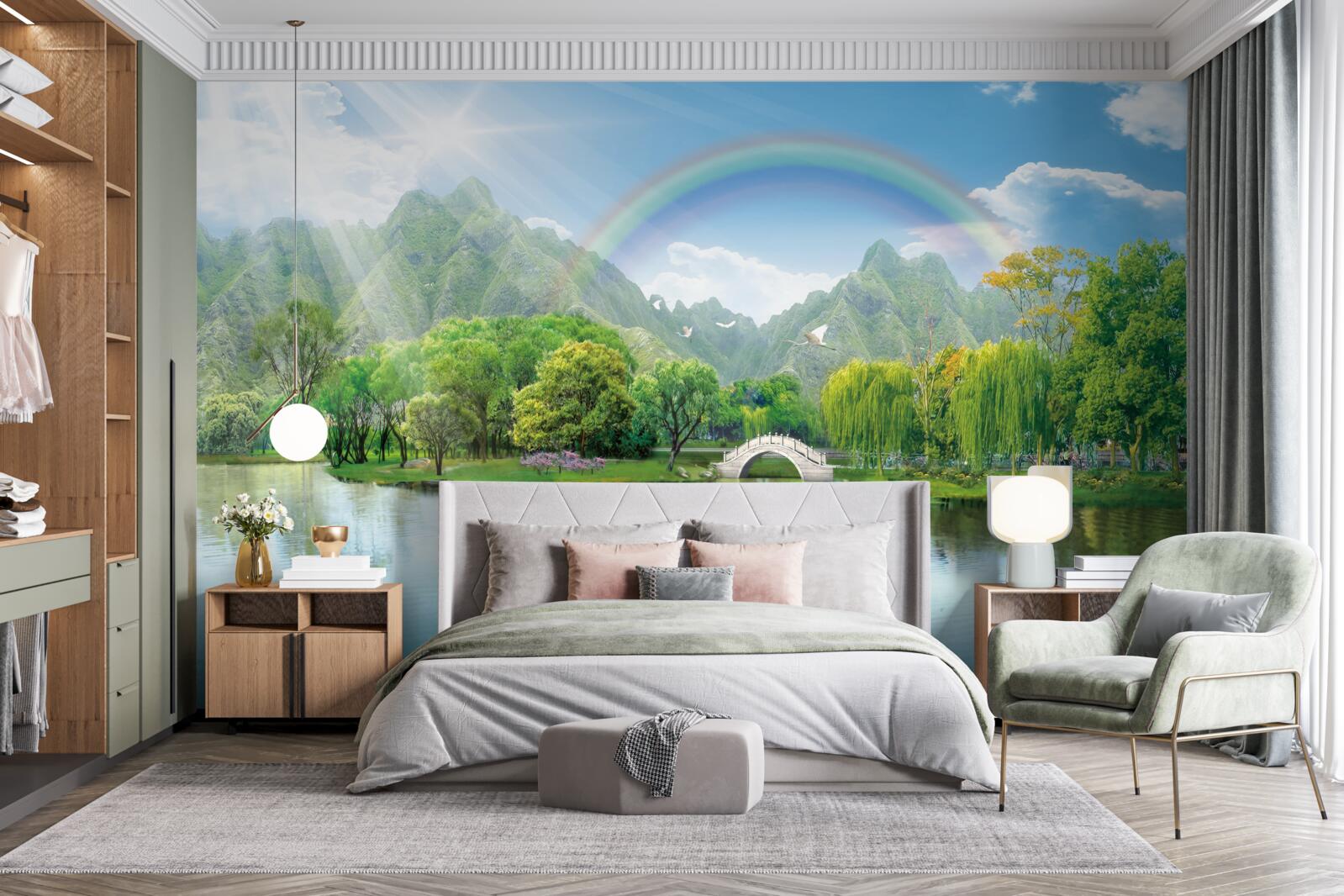 Fototapeta Japonské horské jazero s dúhou nad ním