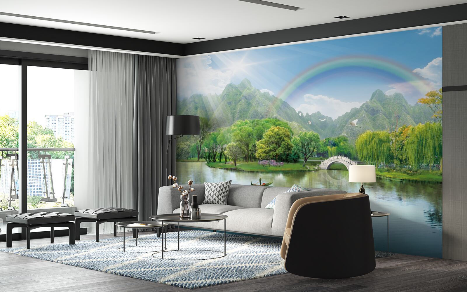 Fototapeta Japonské horské jazero s dúhou nad ním