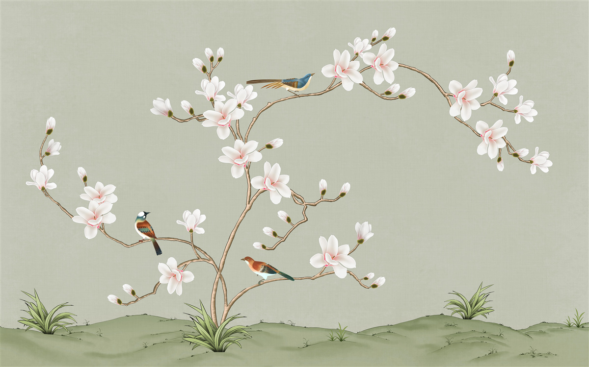 Fototapeta elegantný strom zdobený kvetmi a obklopený vtákmi