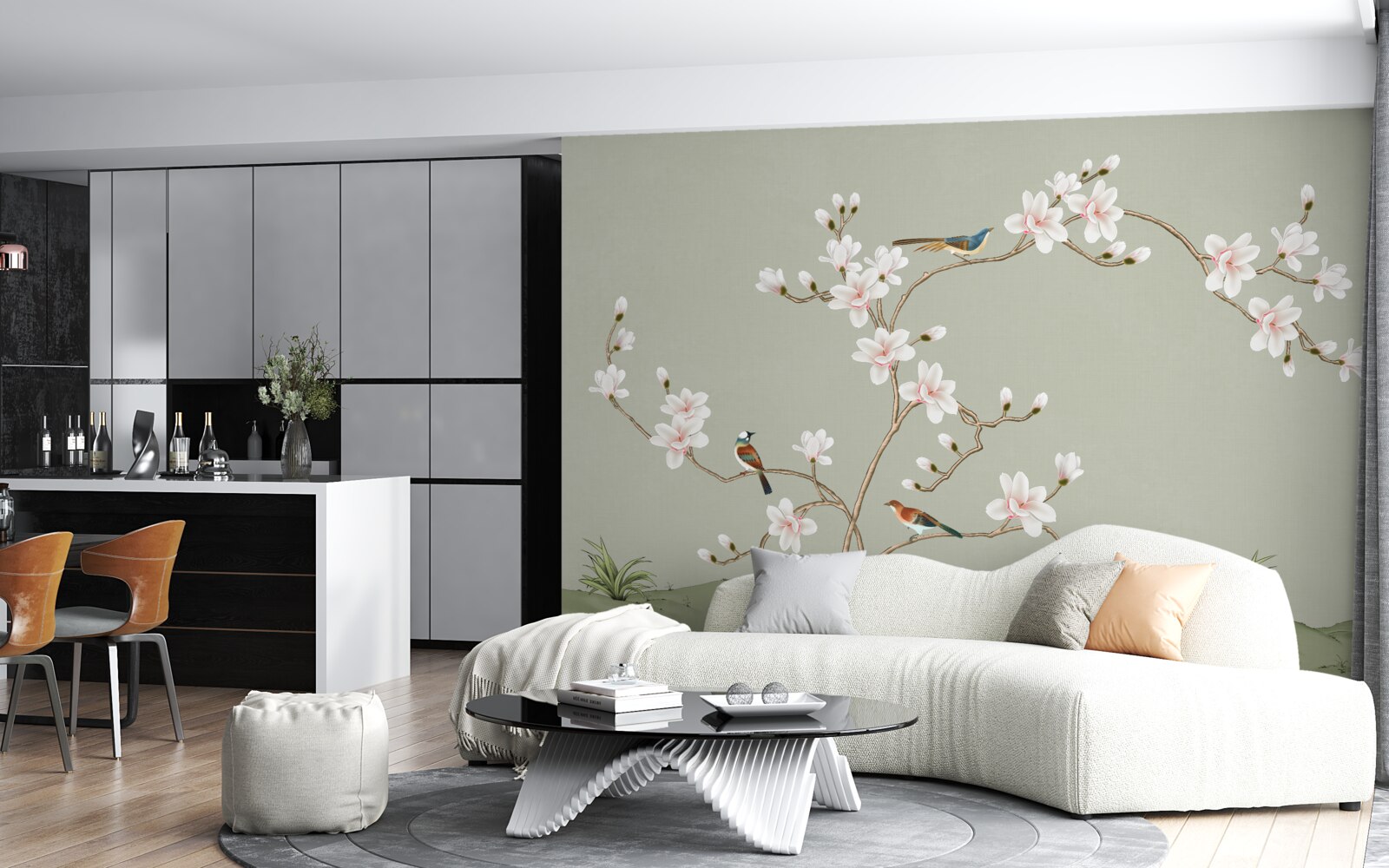 Fototapeta elegantný strom zdobený kvetmi a obklopený vtákmi