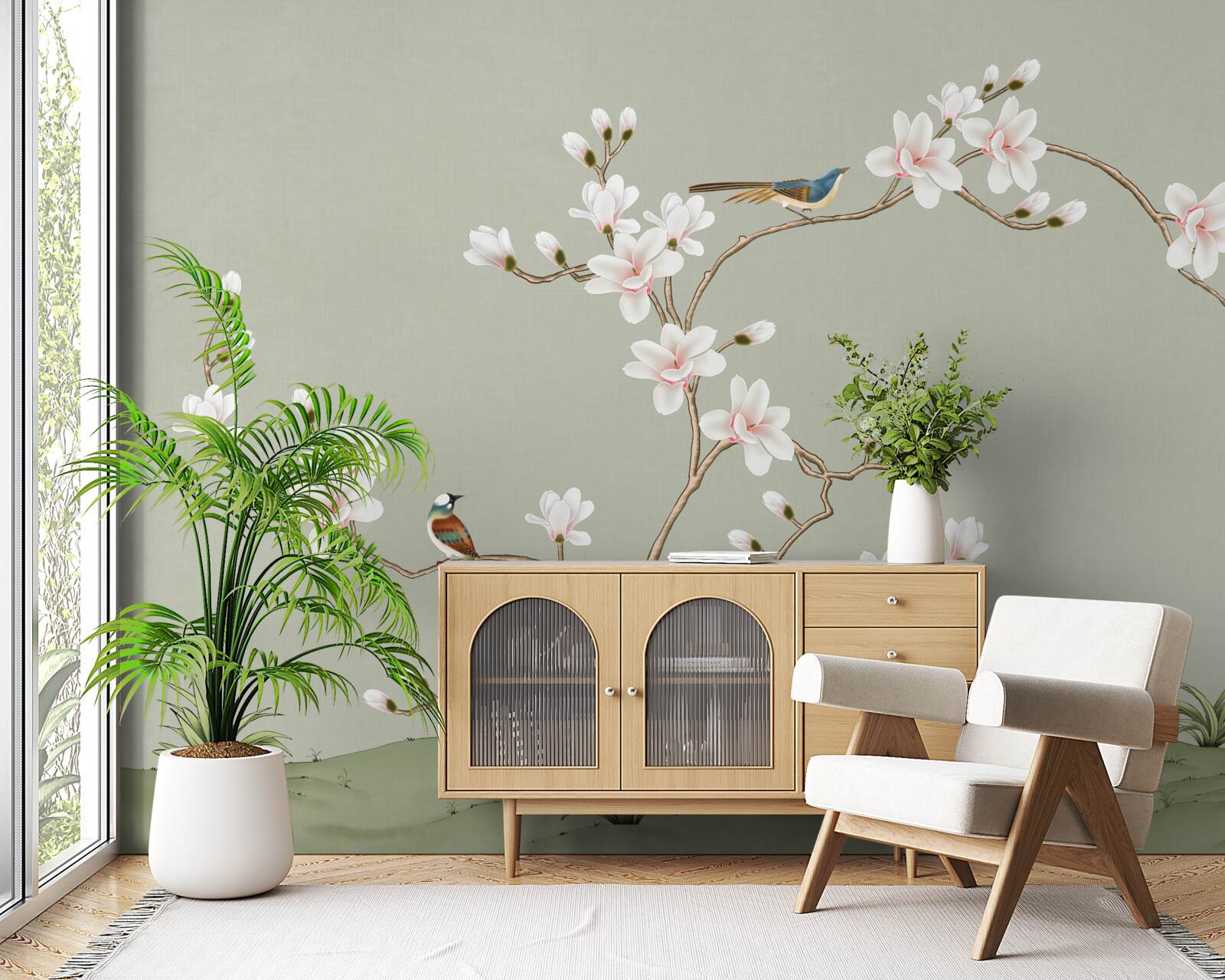 Fototapeta elegantný strom zdobený kvetmi a obklopený vtákmi