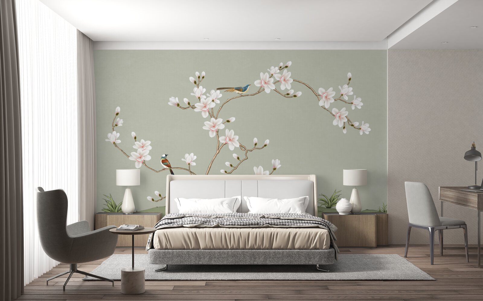 Fototapeta elegantný strom zdobený kvetmi a obklopený vtákmi