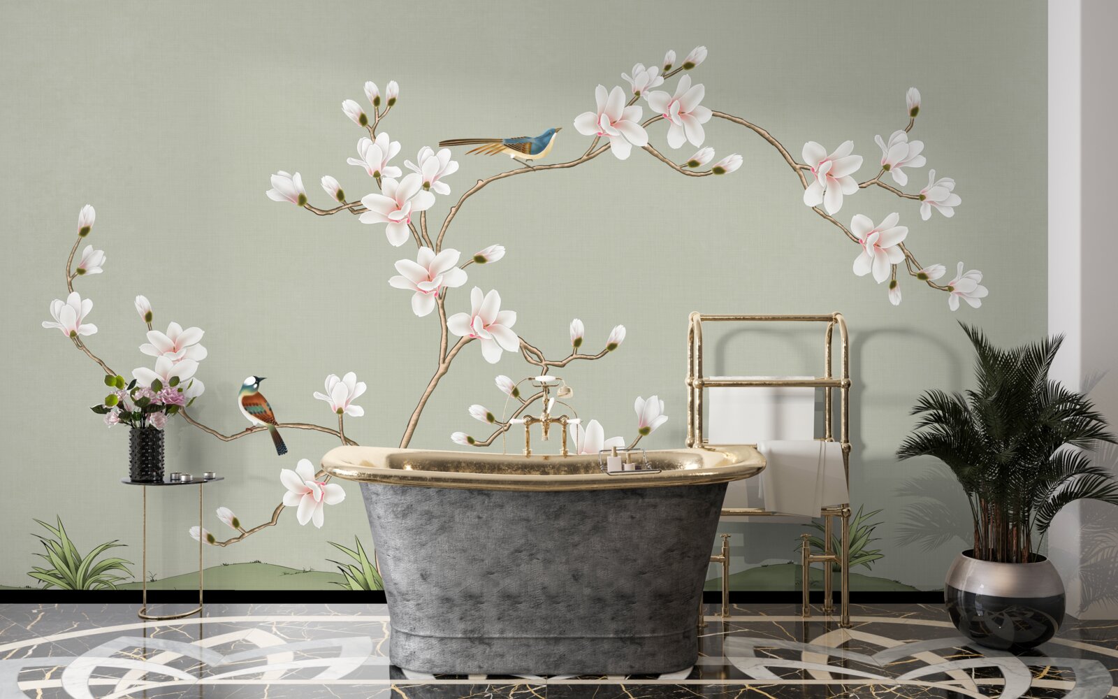 Fototapeta elegantný strom zdobený kvetmi a obklopený vtákmi