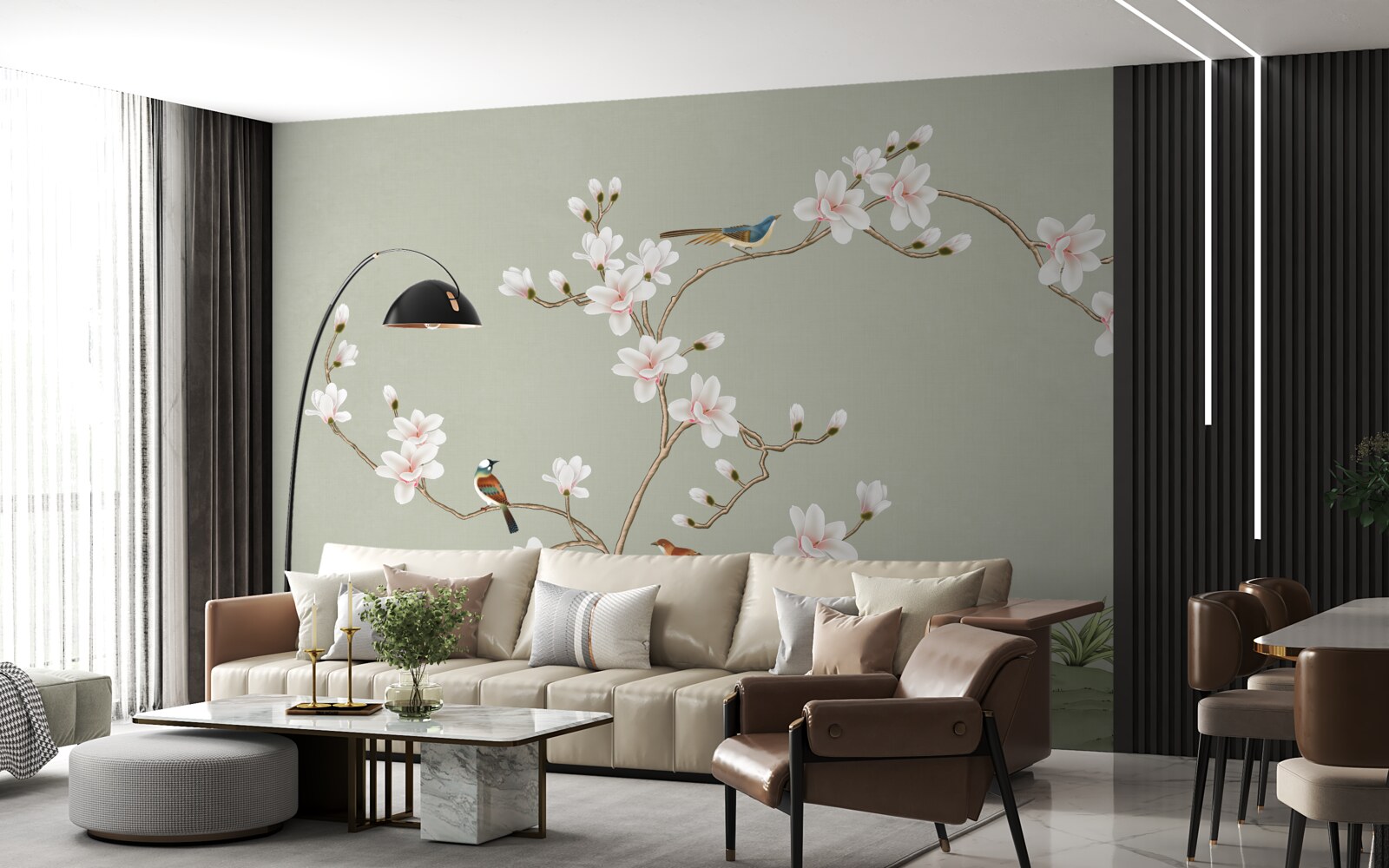 Fototapeta elegantný strom zdobený kvetmi a obklopený vtákmi