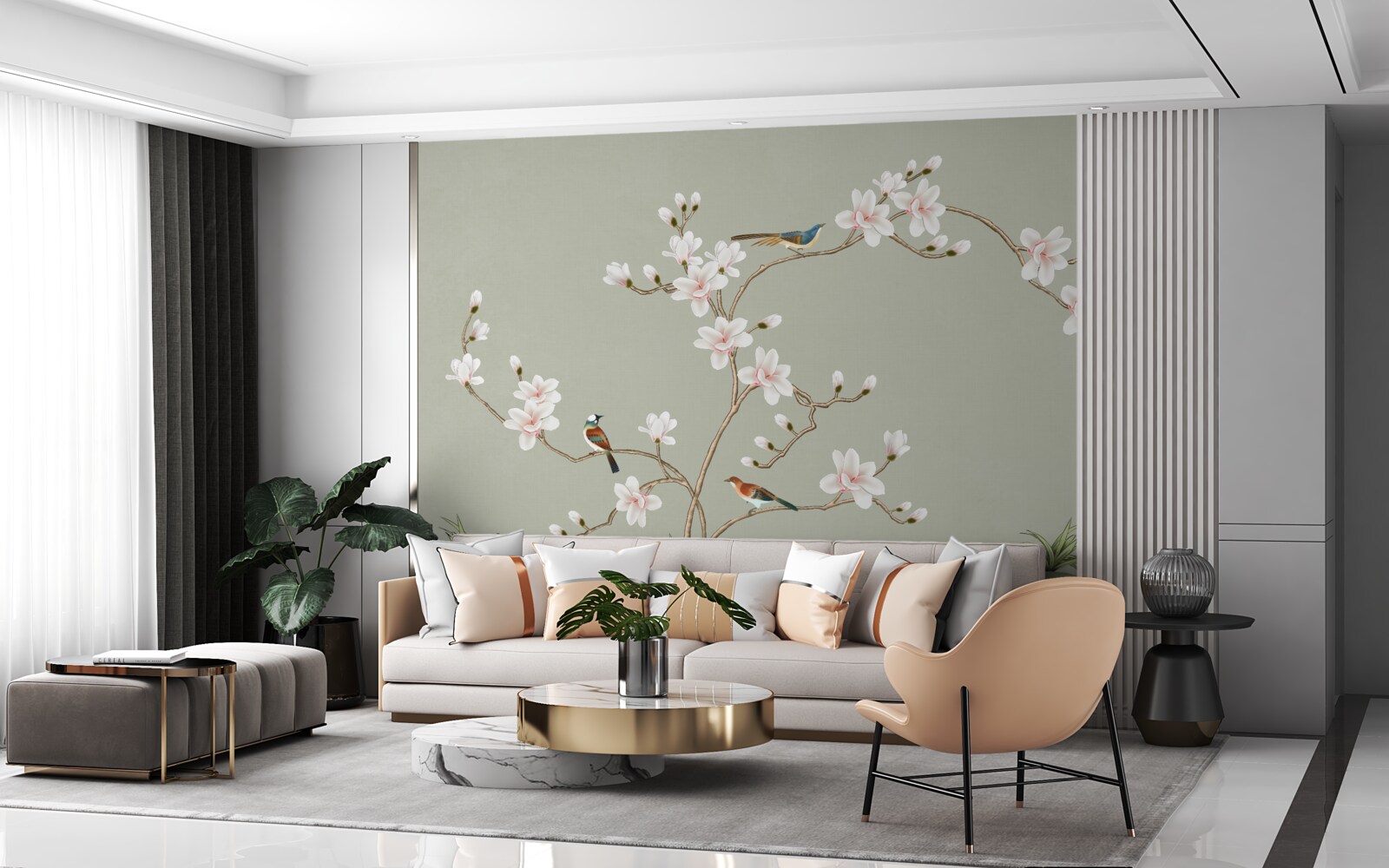 Fototapeta elegantný strom zdobený kvetmi a obklopený vtákmi