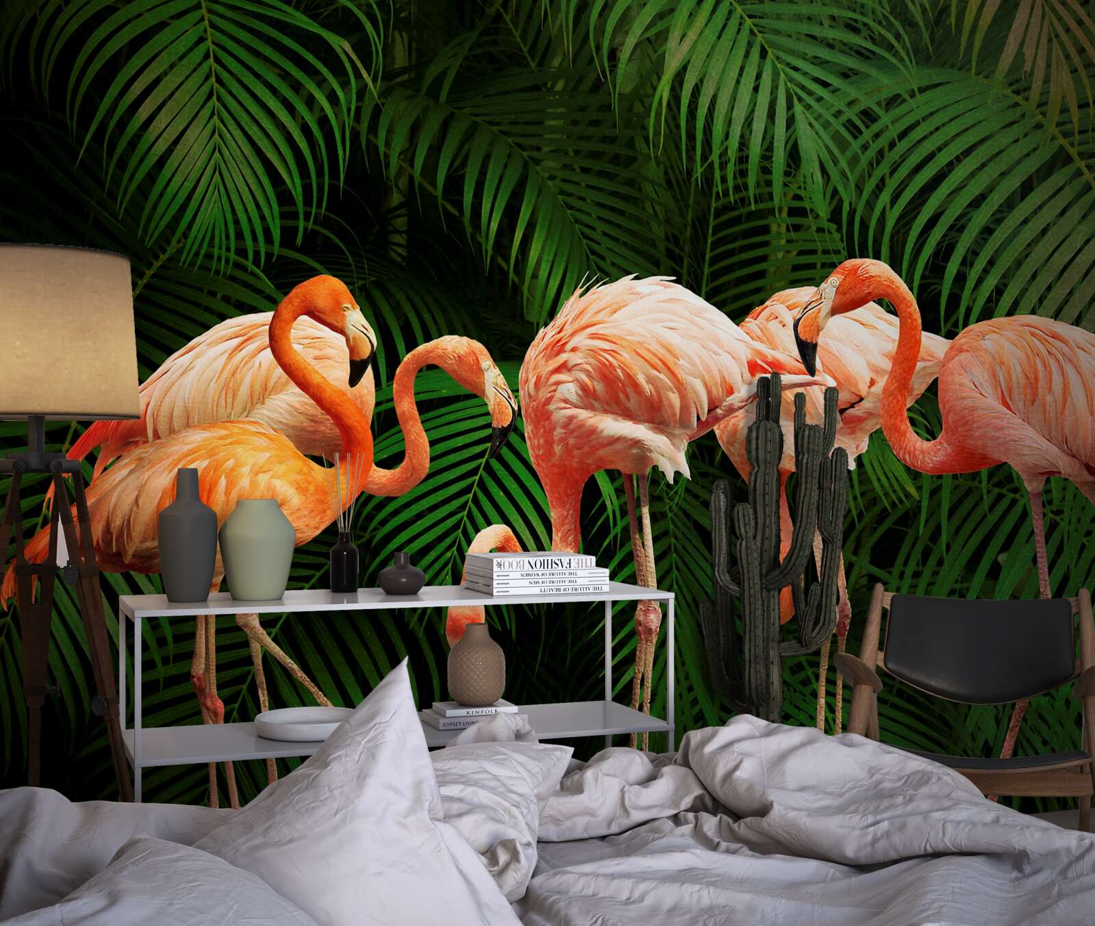 Fototapeta ružové plameniaky v lese so zelenými stromami