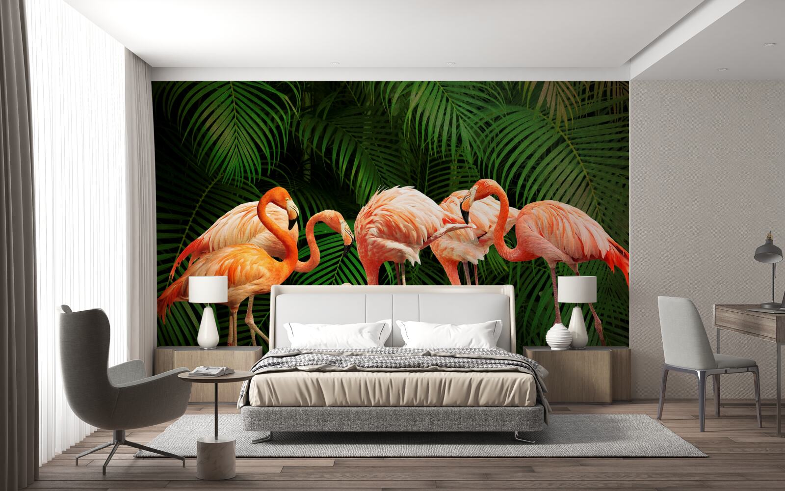 Fototapeta ružové plameniaky v lese so zelenými stromami