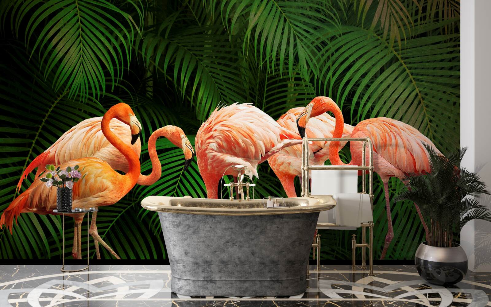 Fototapeta ružové plameniaky v lese so zelenými stromami