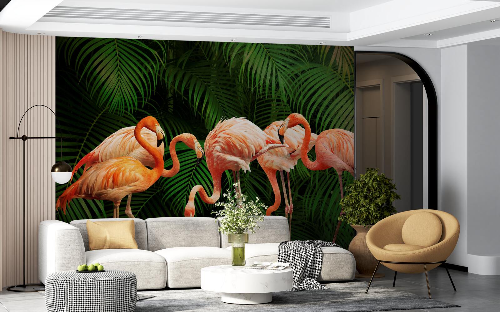 Fototapeta ružové plameniaky v lese so zelenými stromami