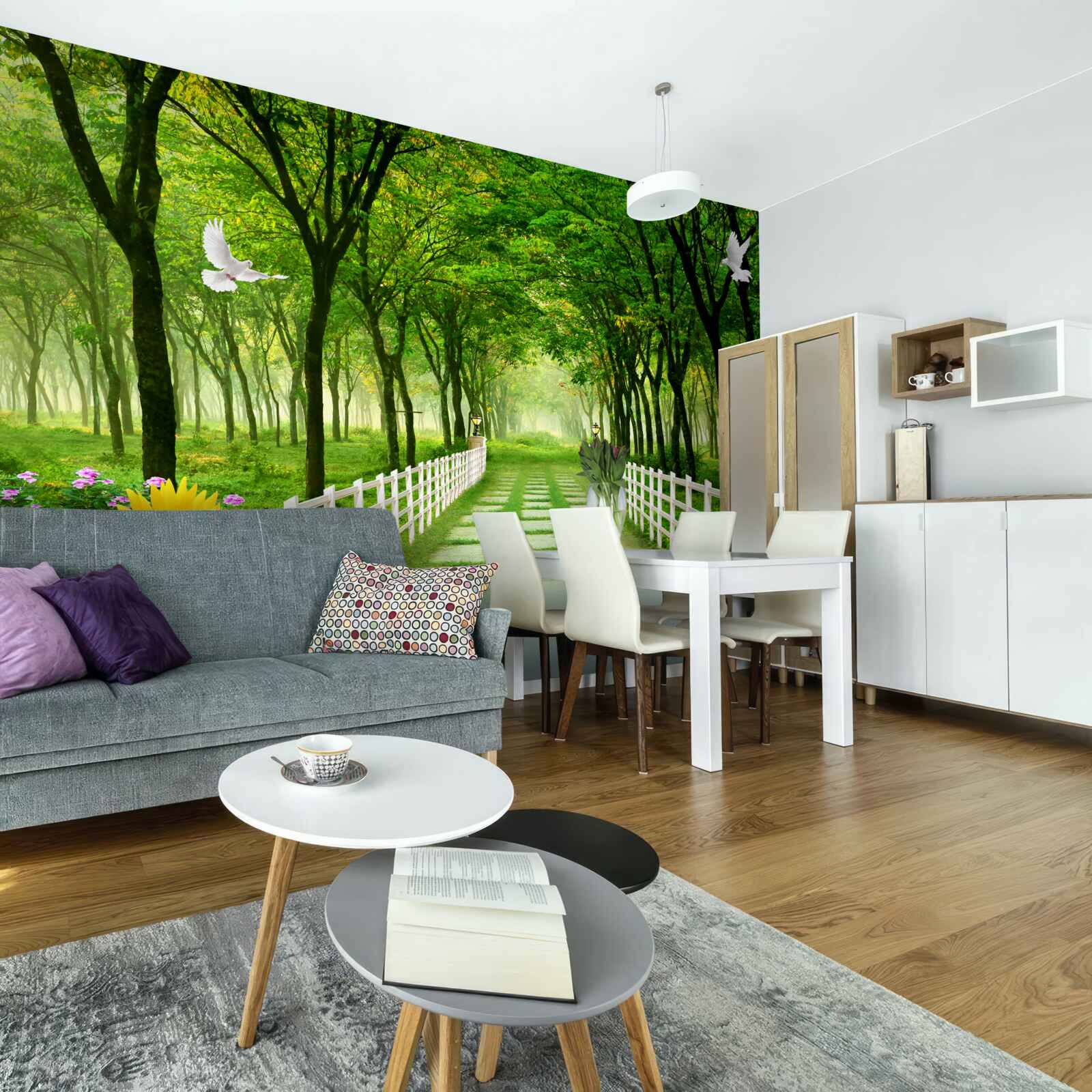 Fototapeta svieži zelený les a cesta posiata kvetmi