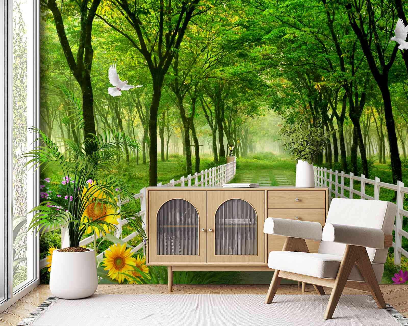 Fototapeta svieži zelený les a cesta posiata kvetmi