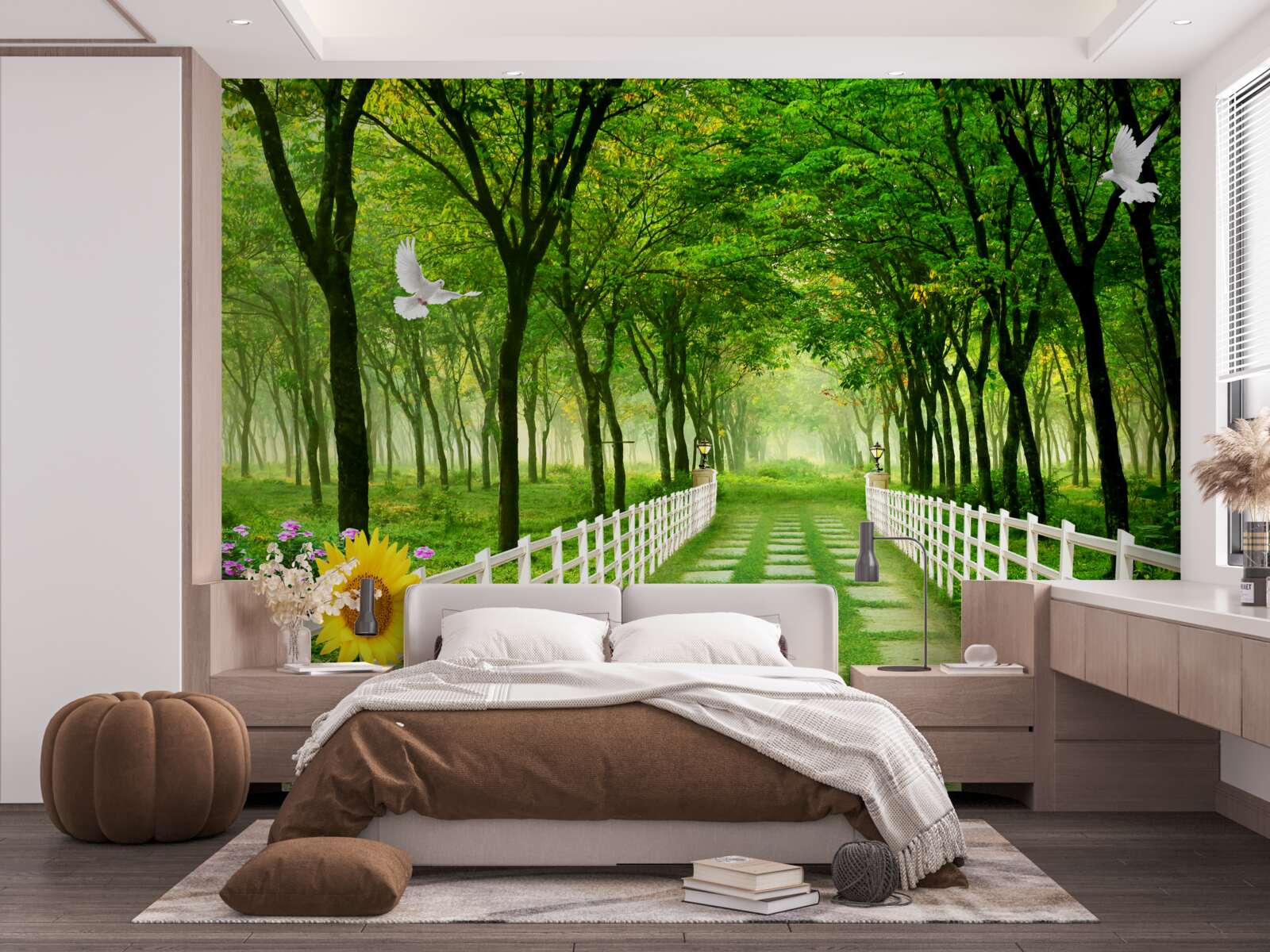 Fototapeta svieži zelený les a cesta posiata kvetmi