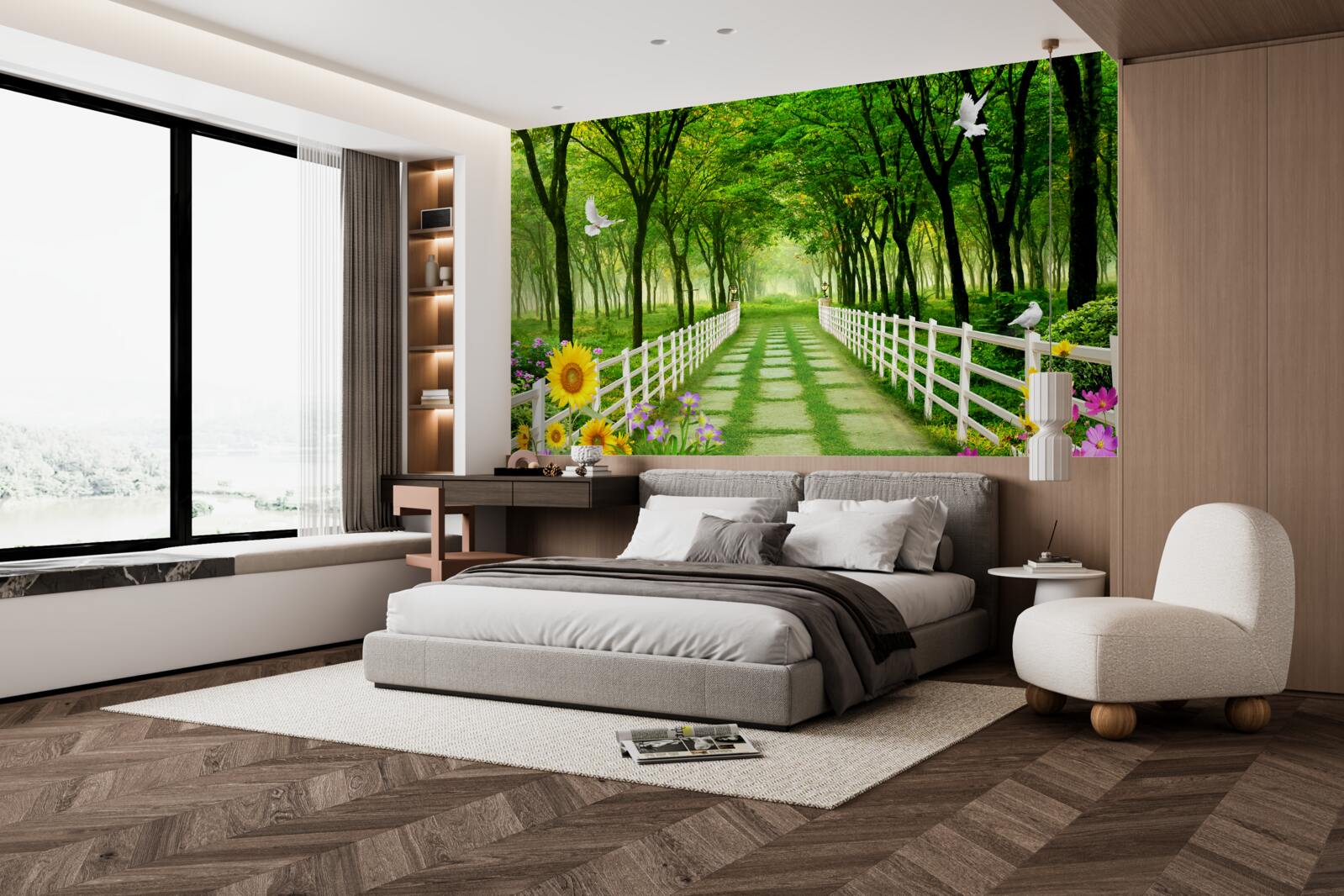 Fototapeta svieži zelený les a cesta posiata kvetmi