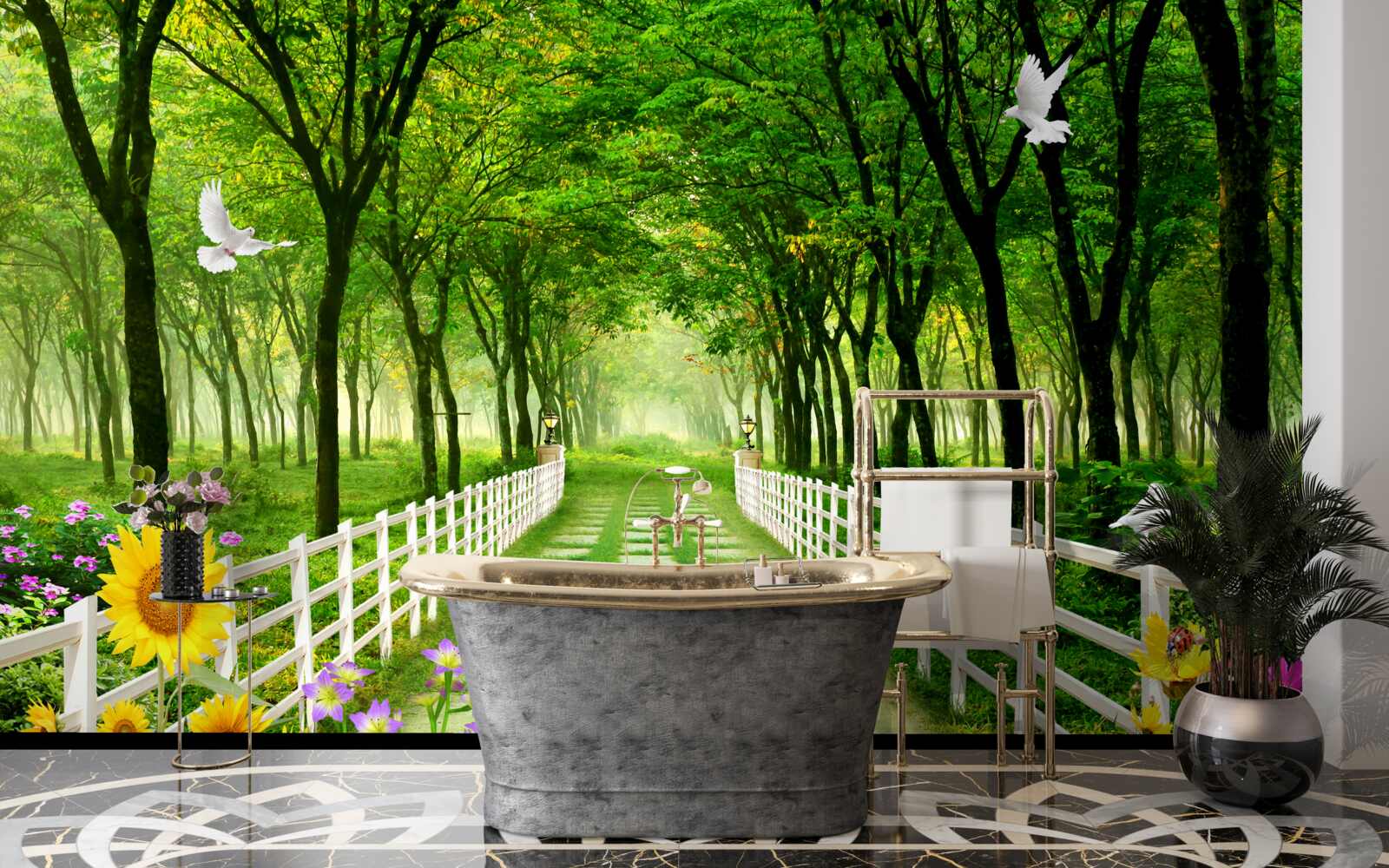 Fototapeta svieži zelený les a cesta posiata kvetmi