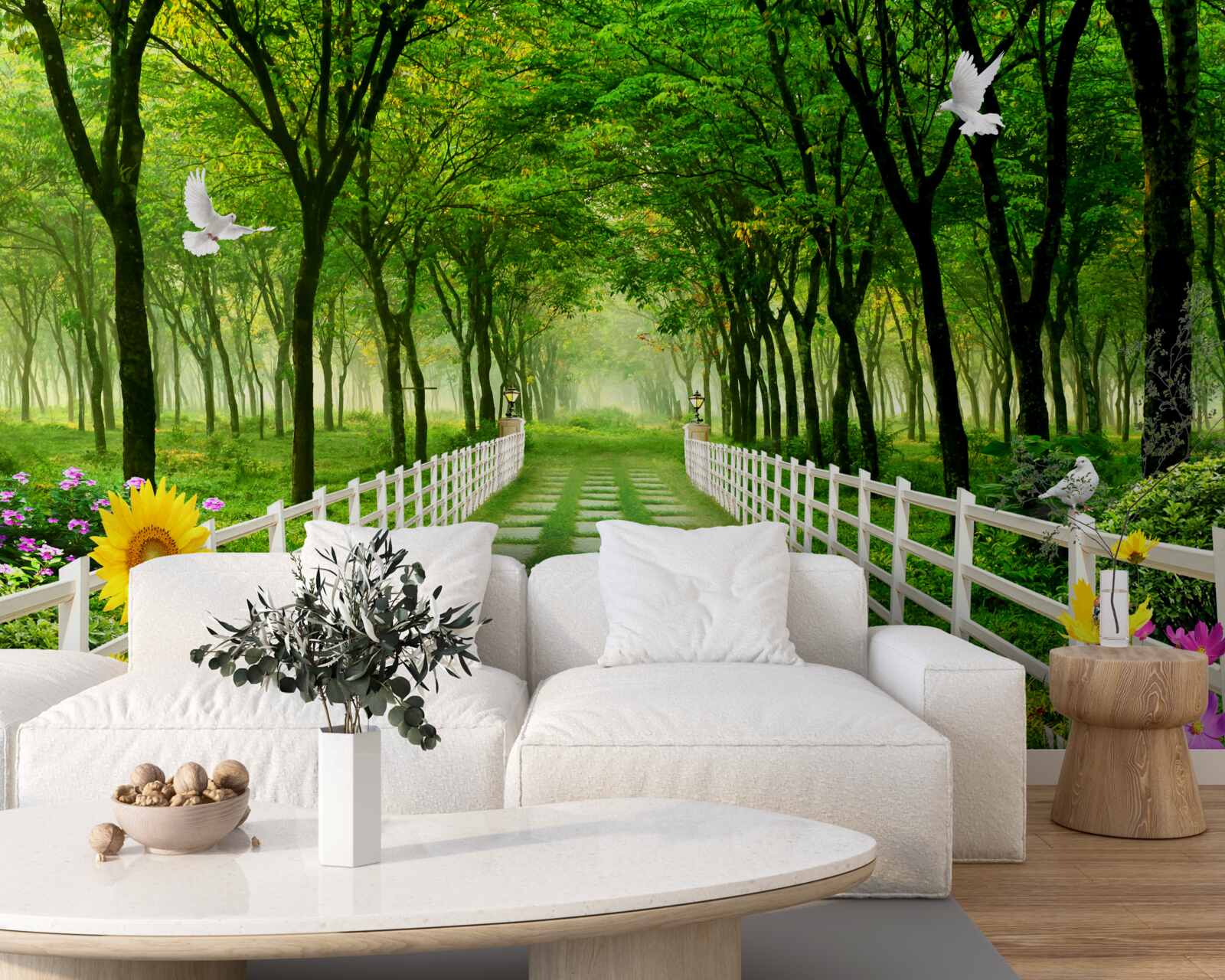 Fototapeta svieži zelený les a cesta posiata kvetmi