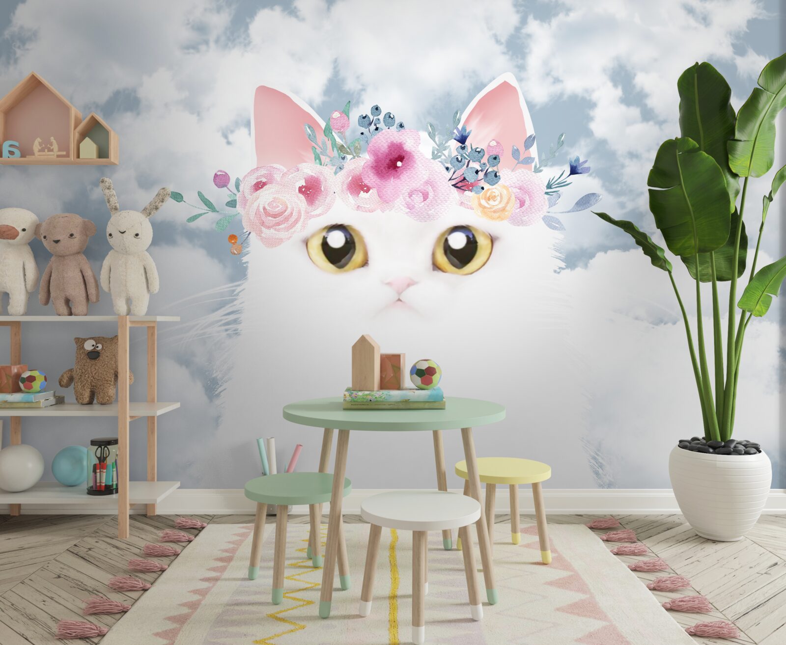 Fototapeta mačka medzi kvetmi proti oblohe s mrakmi