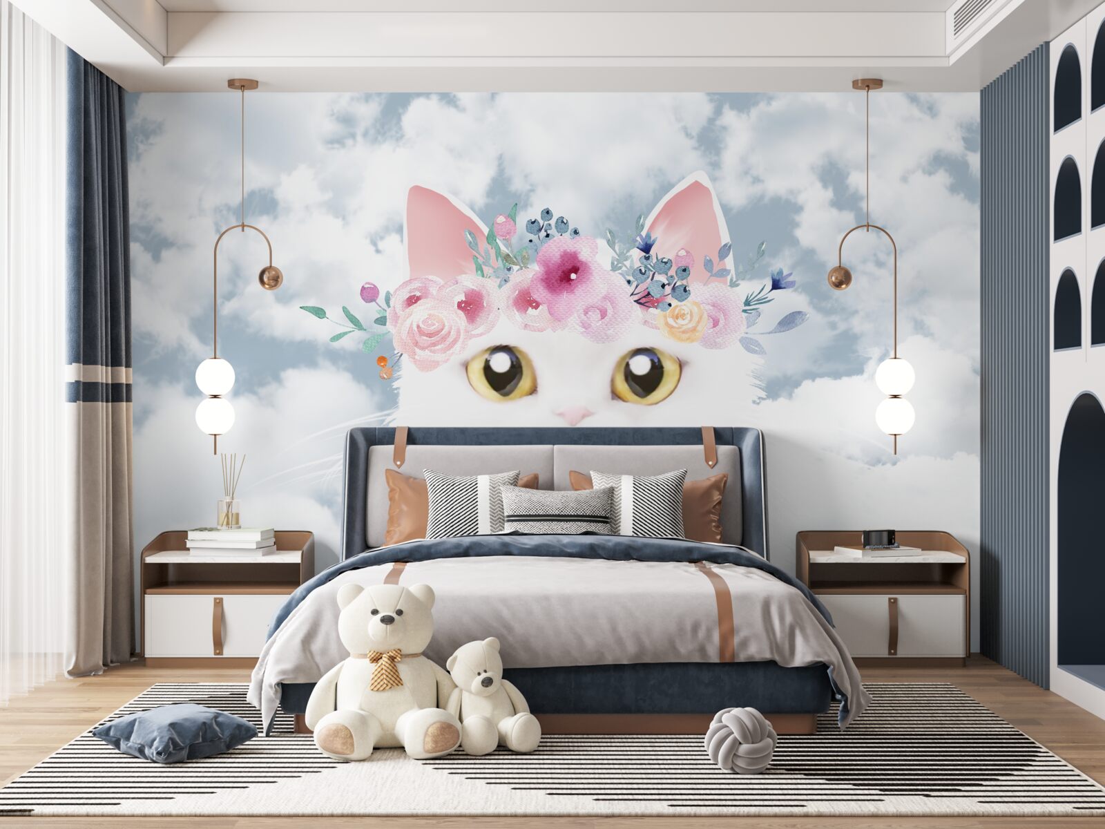 Fototapeta mačka medzi kvetmi proti oblohe s mrakmi