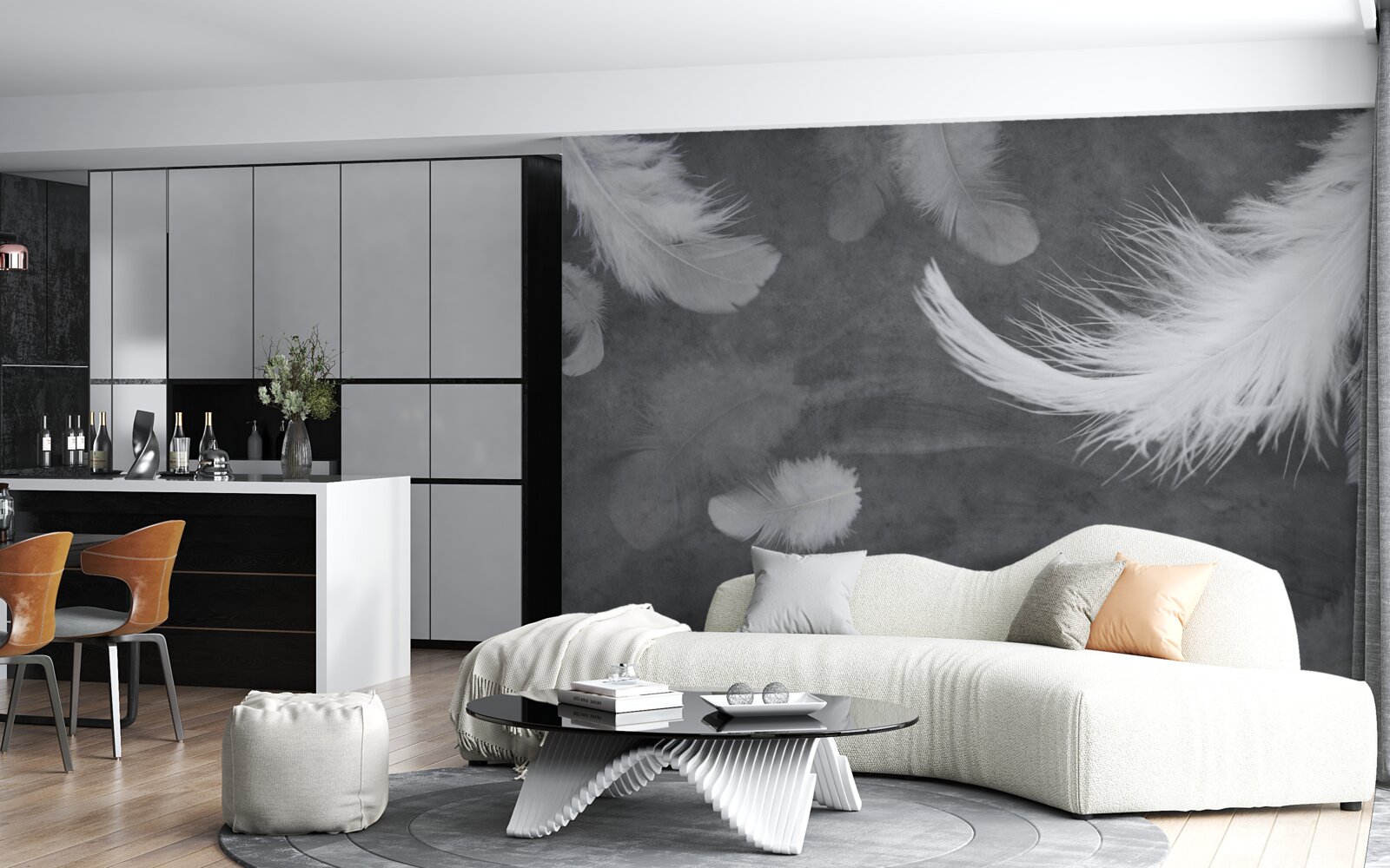 Fototapeta Snehobiele pierka, husto roztrúsené na sivom podklade