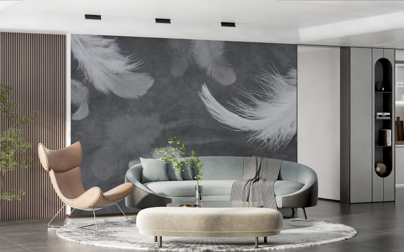 Fototapeta Snehobiele pierka, husto roztrúsené na sivom podklade