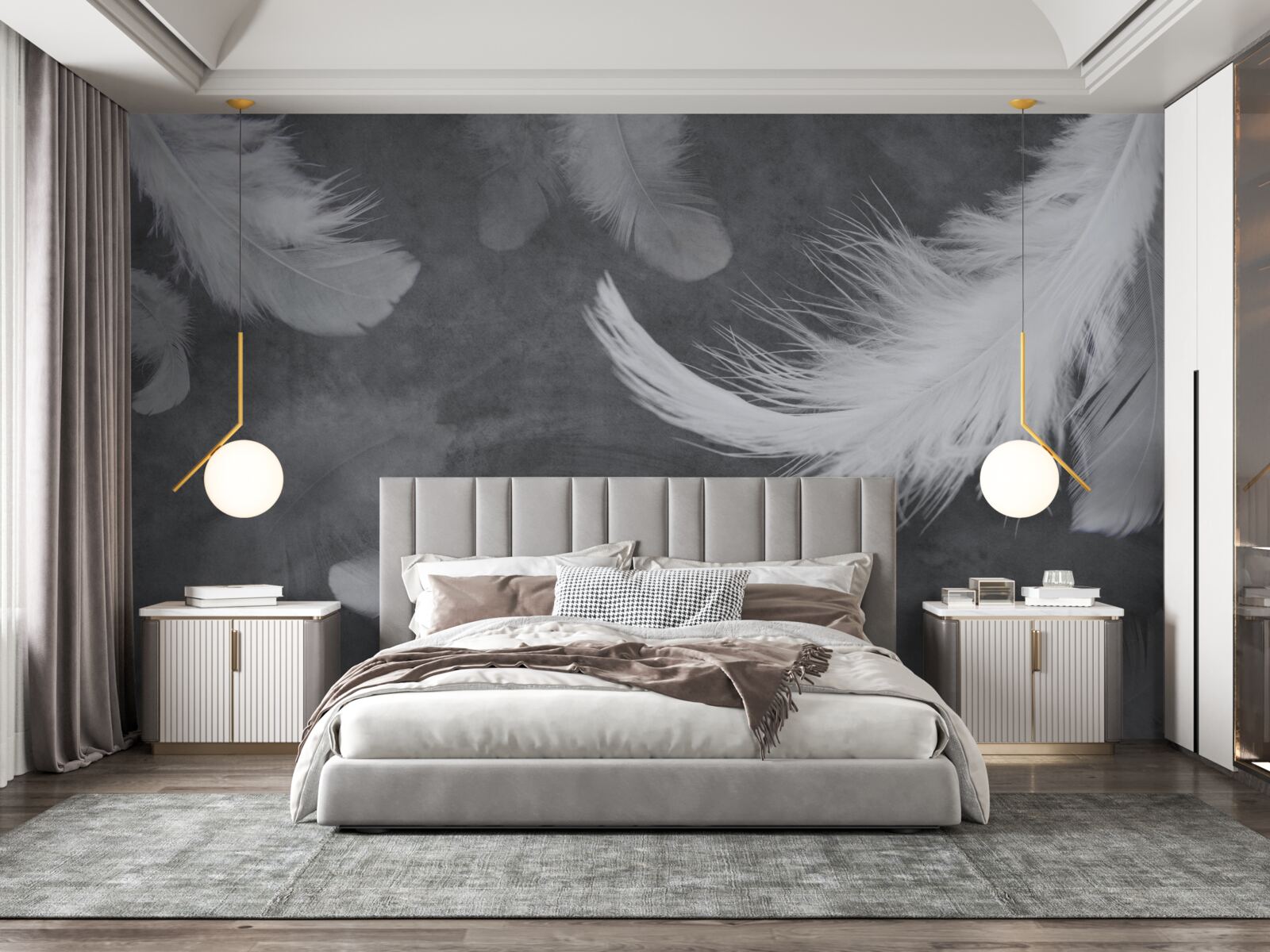 Fototapeta Snehobiele pierka, husto roztrúsené na sivom podklade