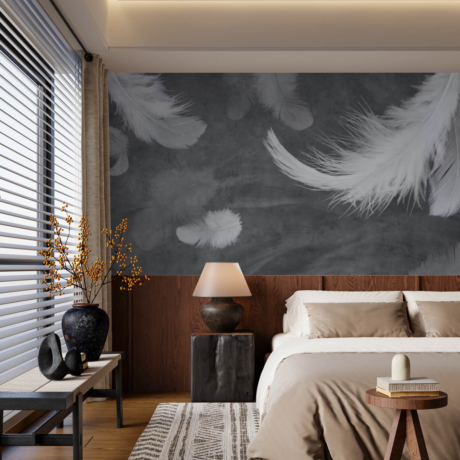 Fototapeta Snehobiele pierka, husto roztrúsené na sivom podklade