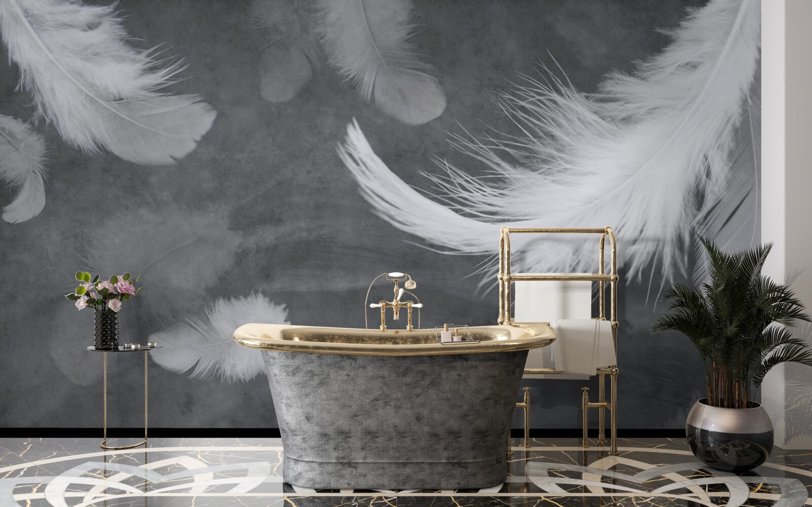 Fototapeta Snehobiele pierka, husto roztrúsené na sivom podklade