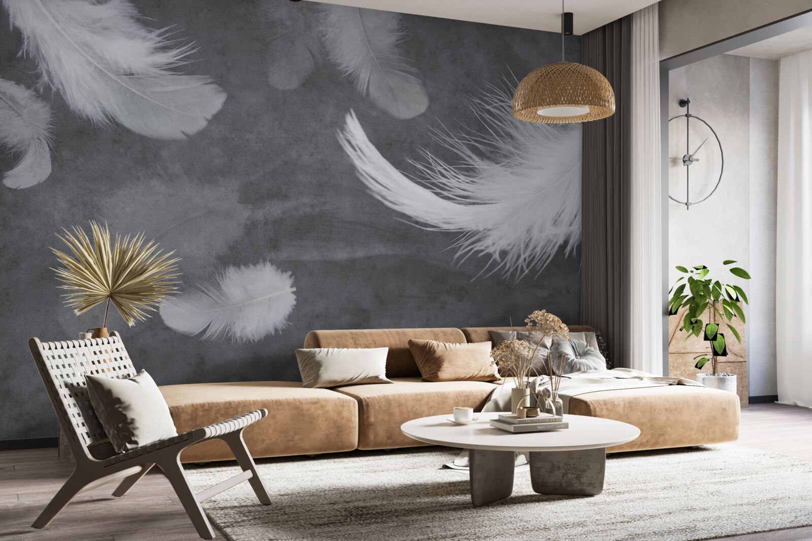 Fototapeta Snehobiele pierka, husto roztrúsené na sivom podklade