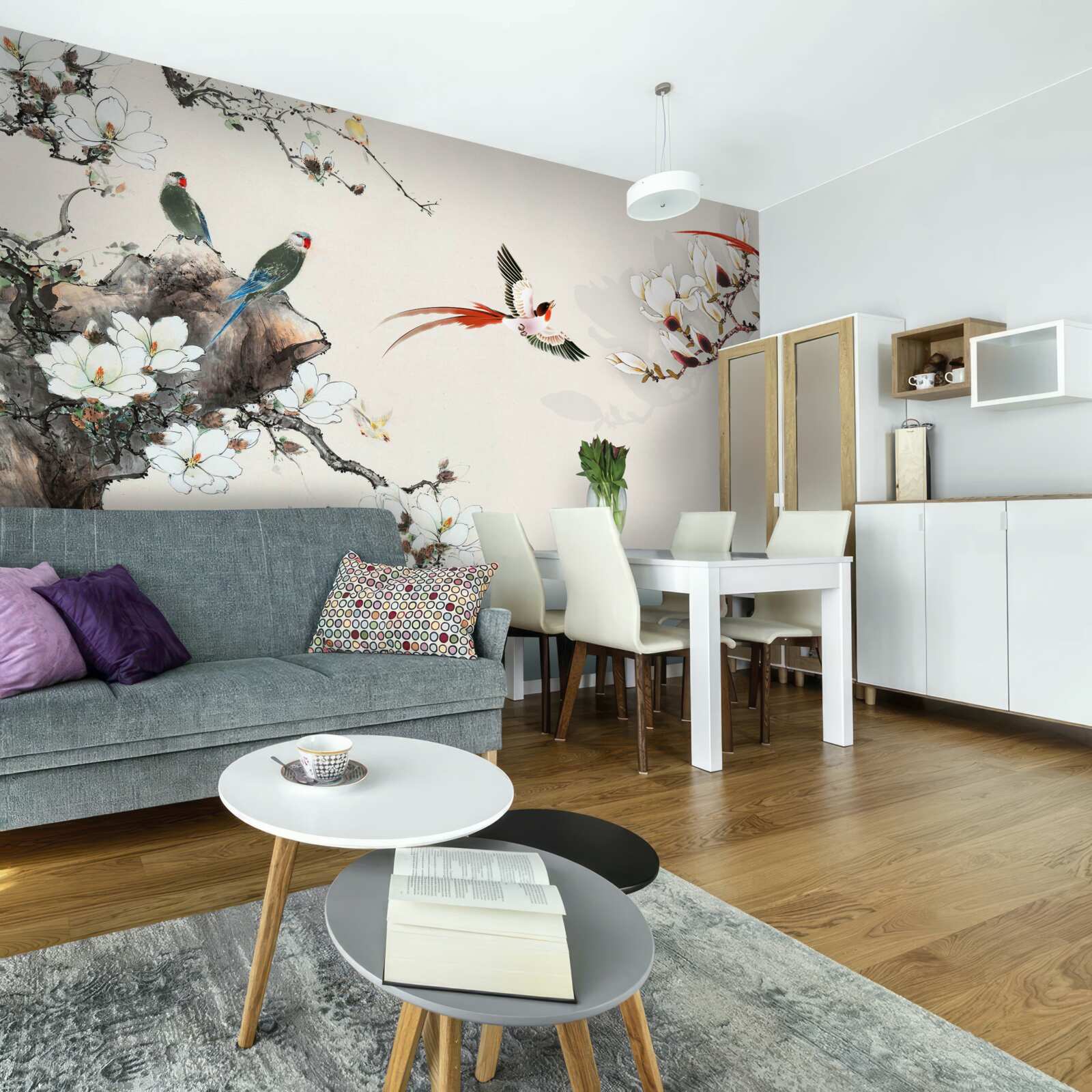 Fototapeta vtáky sa radujú medzi kvetmi