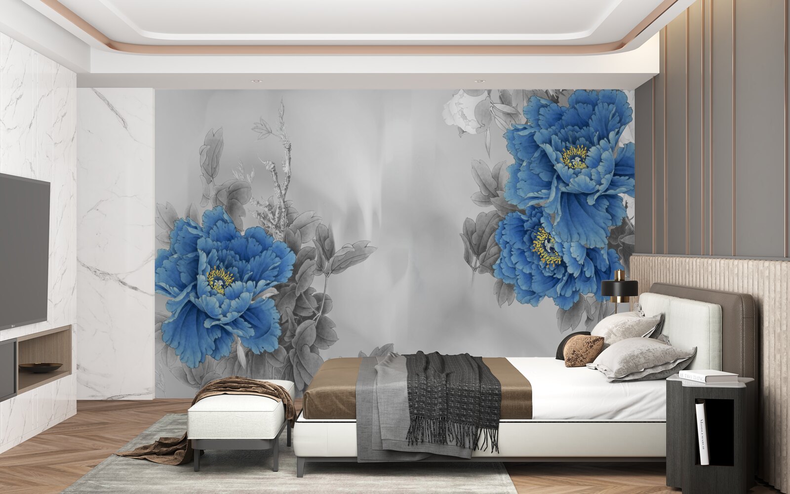 Fototapeta modré kvety na sivom podklade