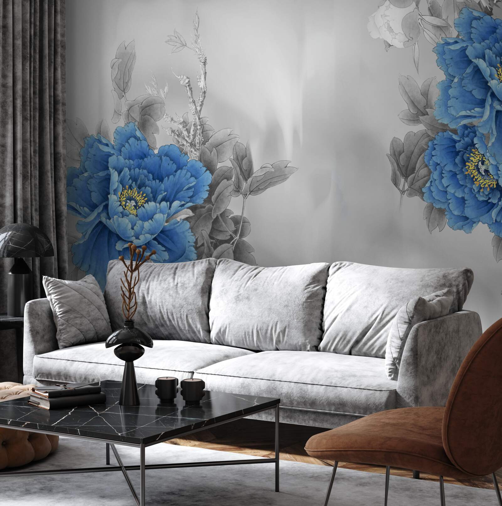 Fototapeta modré kvety na sivom podklade