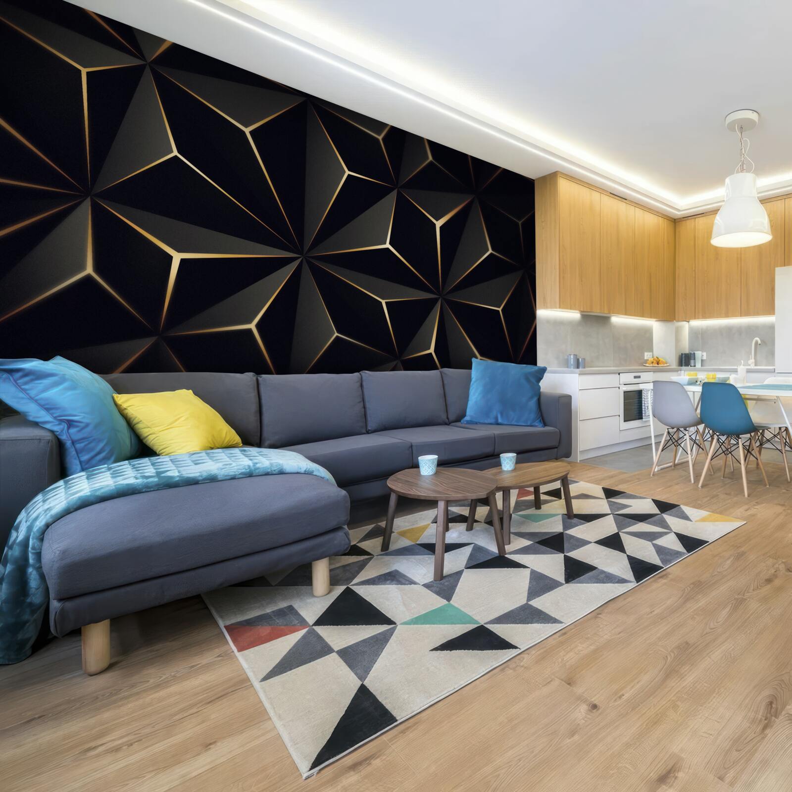 Fototapeta 3D pyramídy v čiernej farbe so zlatými prvkami