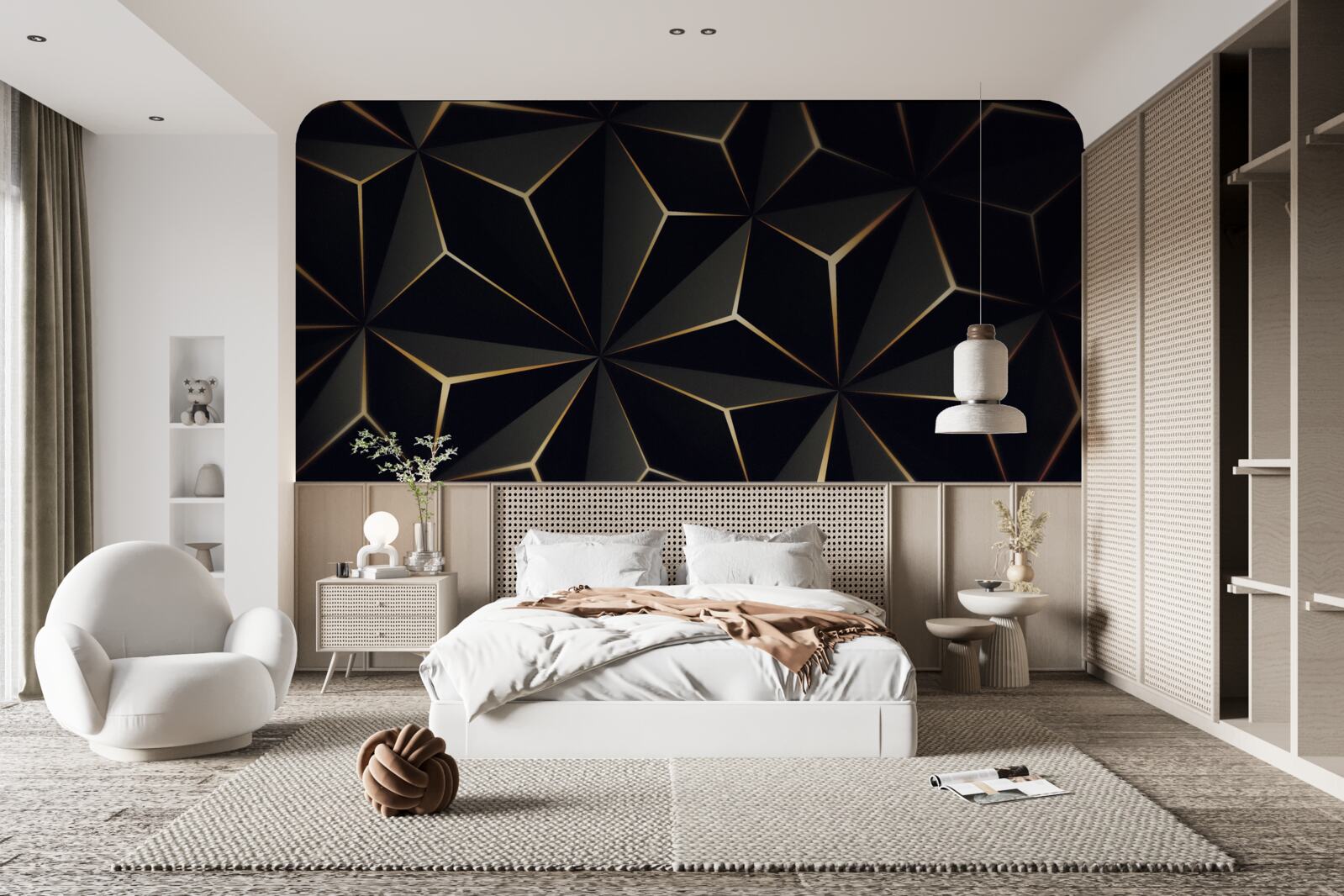 Fototapeta 3D pyramídy v čiernej farbe so zlatými prvkami