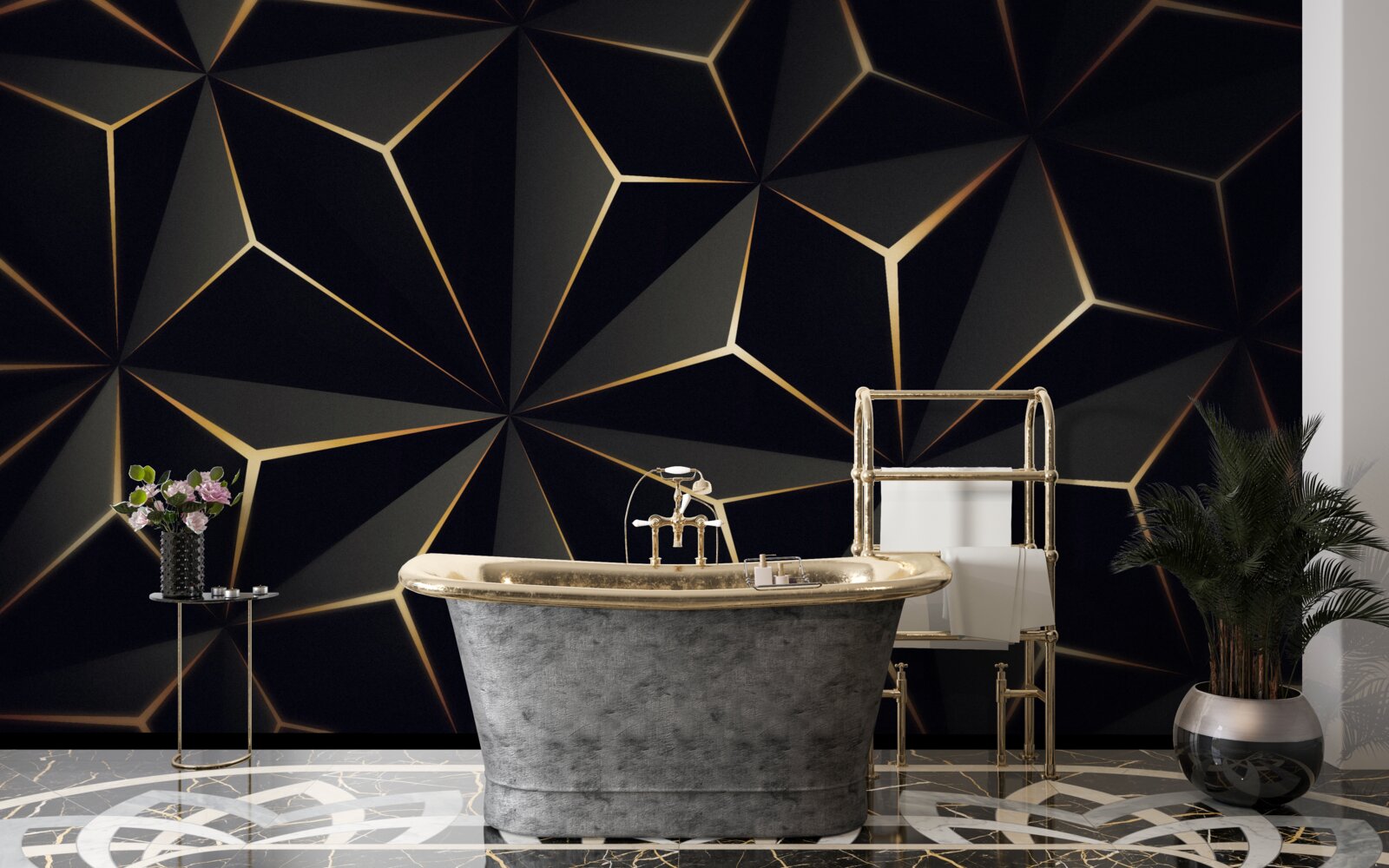 Fototapeta 3D pyramídy v čiernej farbe so zlatými prvkami